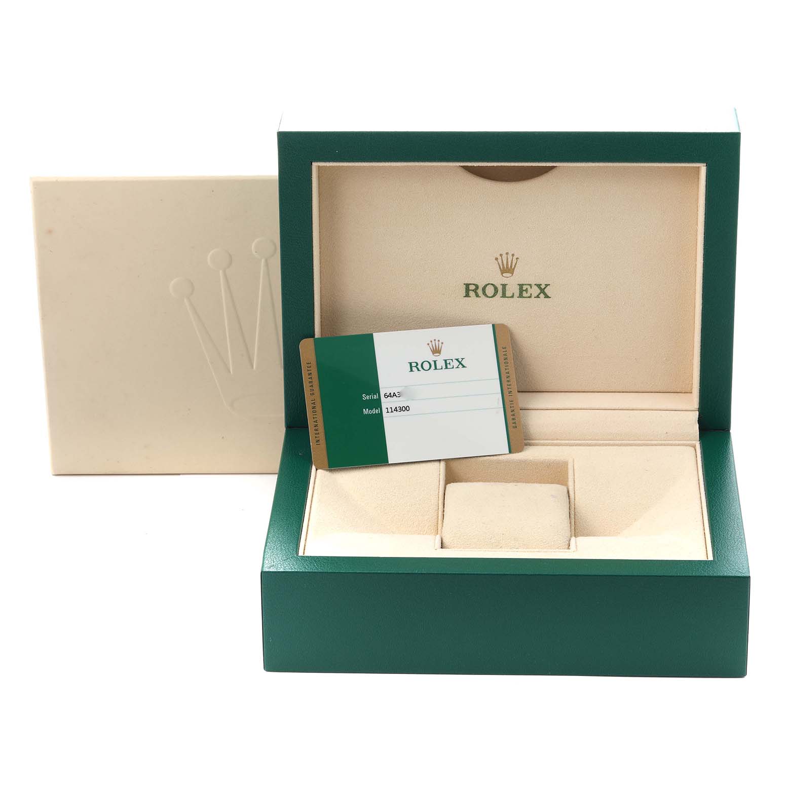 The image shows the box and authenticity card for a Rolex Oyster Perpetual, model number 114300, angled from the front with the box open.