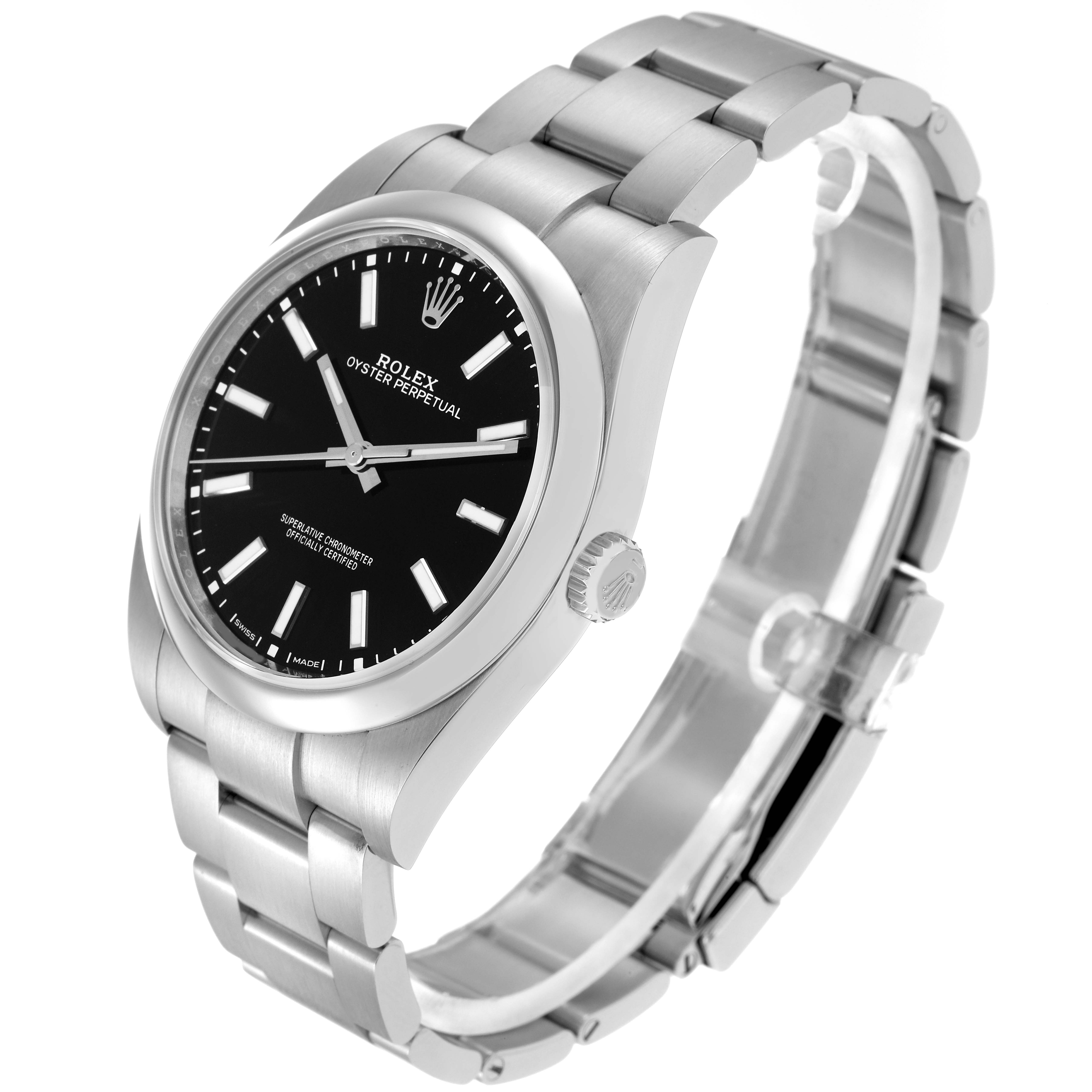 The image shows the Rolex Oyster Perpetual 114300 men's watch from a three-quarter angle, highlighting the black dial, case, and metal bracelet.