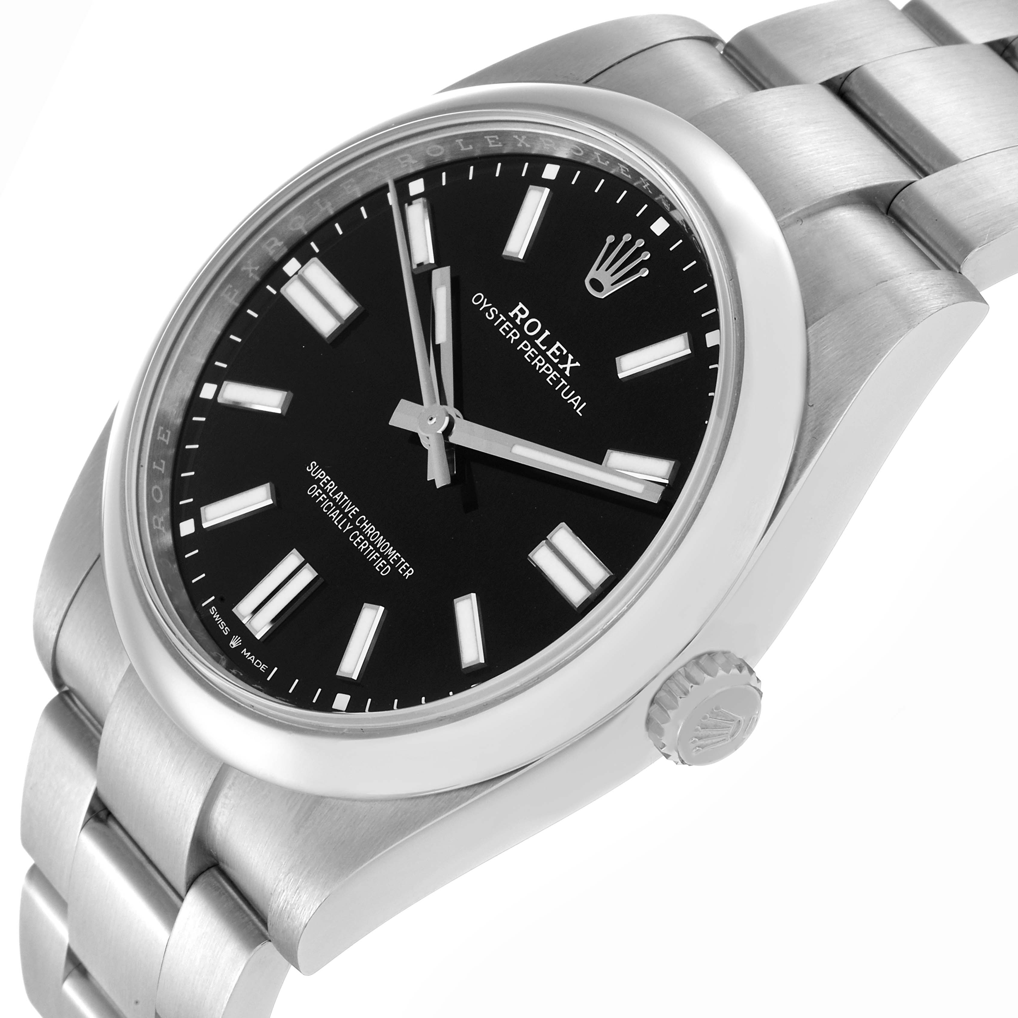 The image shows a side angle of the Rolex Oyster Perpetual model 124300, featuring its black dial, silver indices, and stainless steel bracelet and crown.