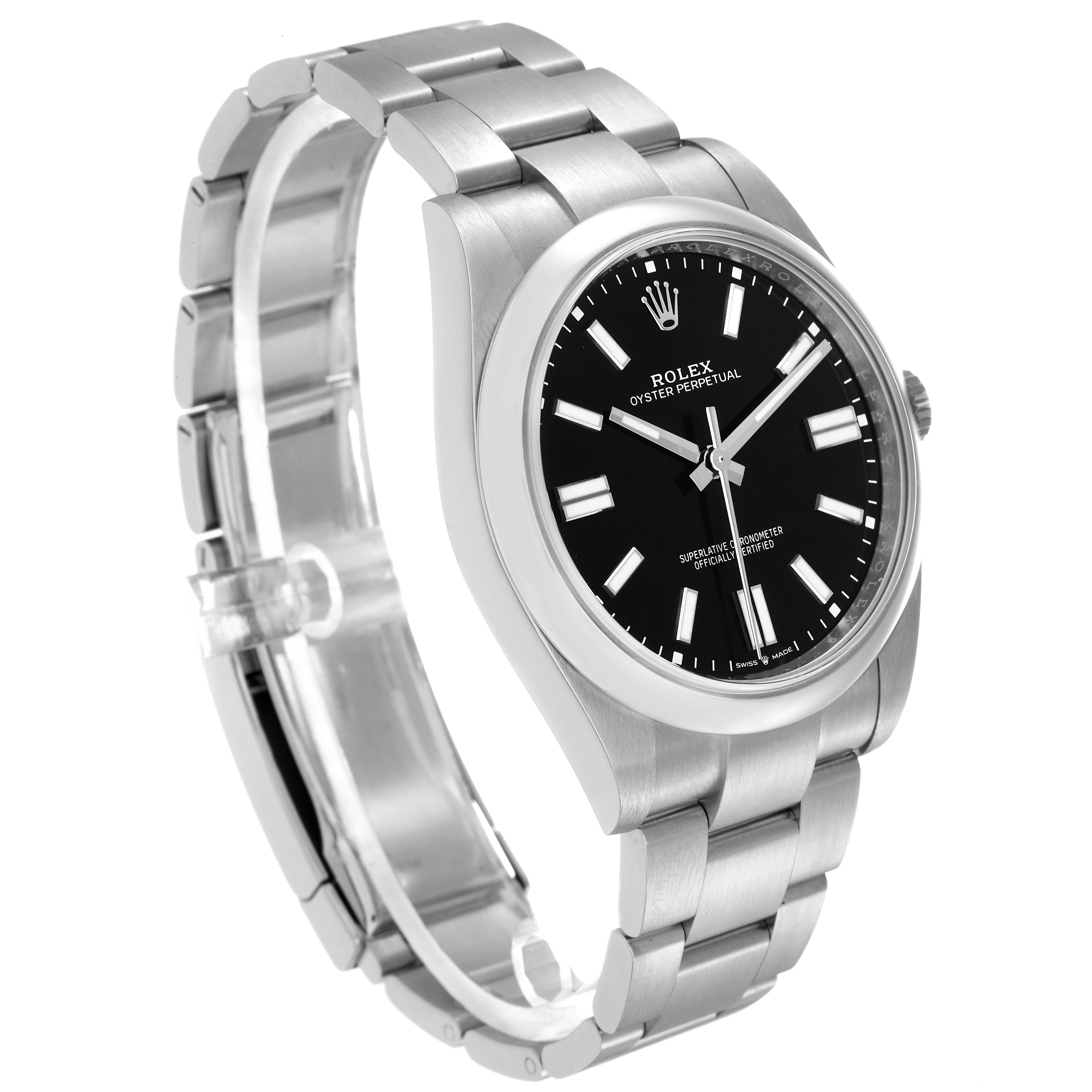 The Rolex Oyster Perpetual model 124300 is shown at a three-quarter angle, displaying its black dial, stainless steel case, and bracelet.