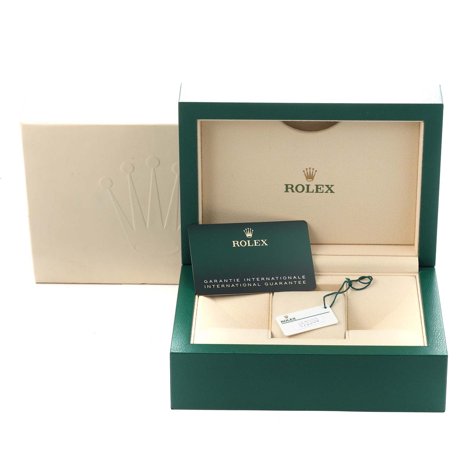 The image shows the packaging and accessories for a Rolex Oyster Perpetual model 124300 men
s watch, including the box, card, and tag.