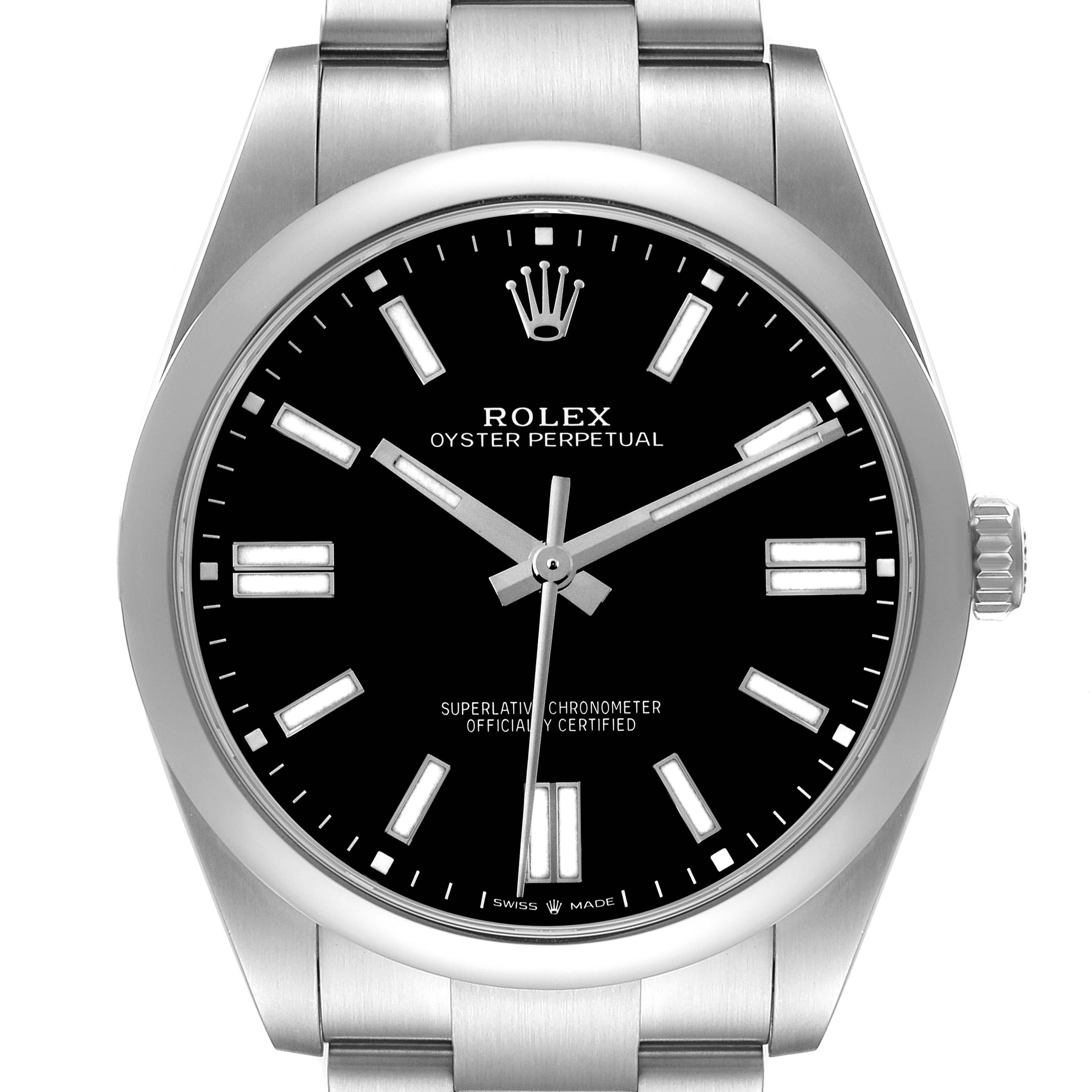 The image shows a front view of the Rolex Oyster Perpetual model 124300, highlighting the black dial, hour markers, hands, and stainless steel bracelet.