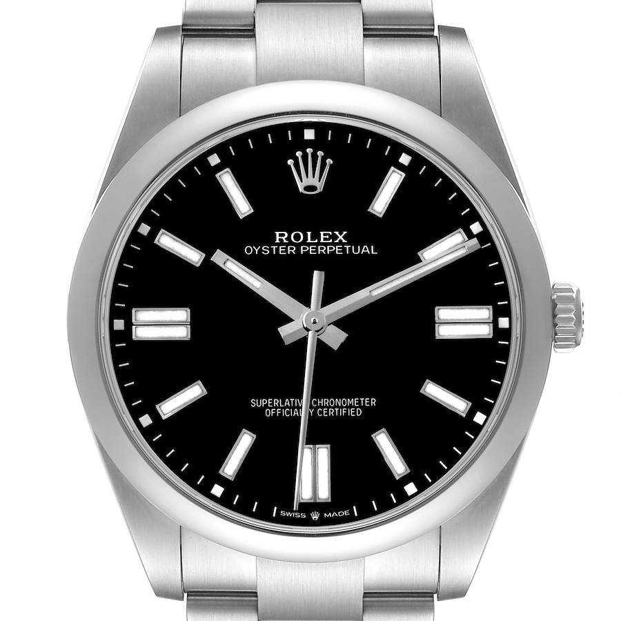 The image shows a front view of the Rolex Oyster Perpetual model 124300, highlighting the black dial, hour markers, hands, and stainless steel bracelet.