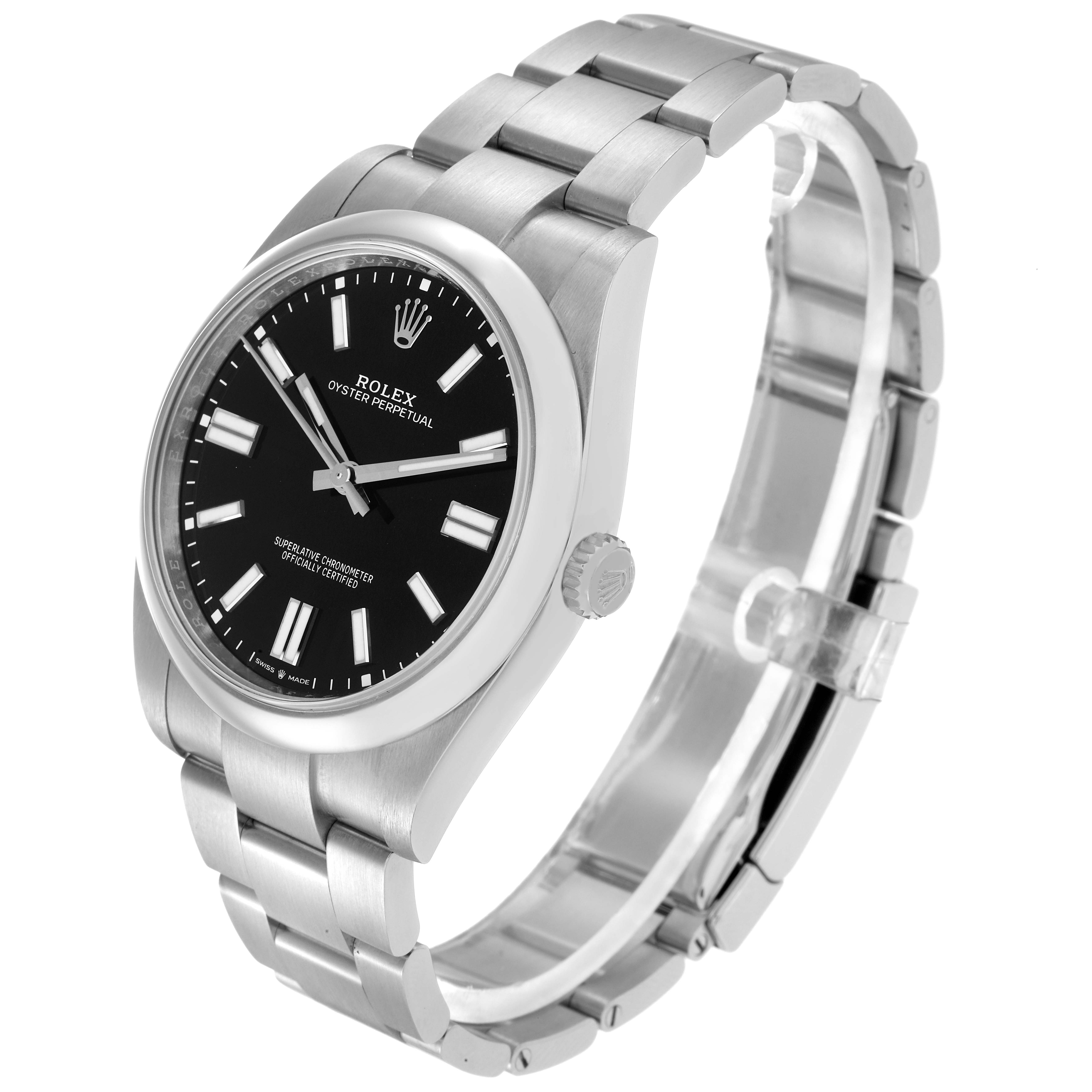 The image shows a side angle of the Rolex Oyster Perpetual model 124300, focusing on the watch face, bezel, crown, and partially open bracelet.