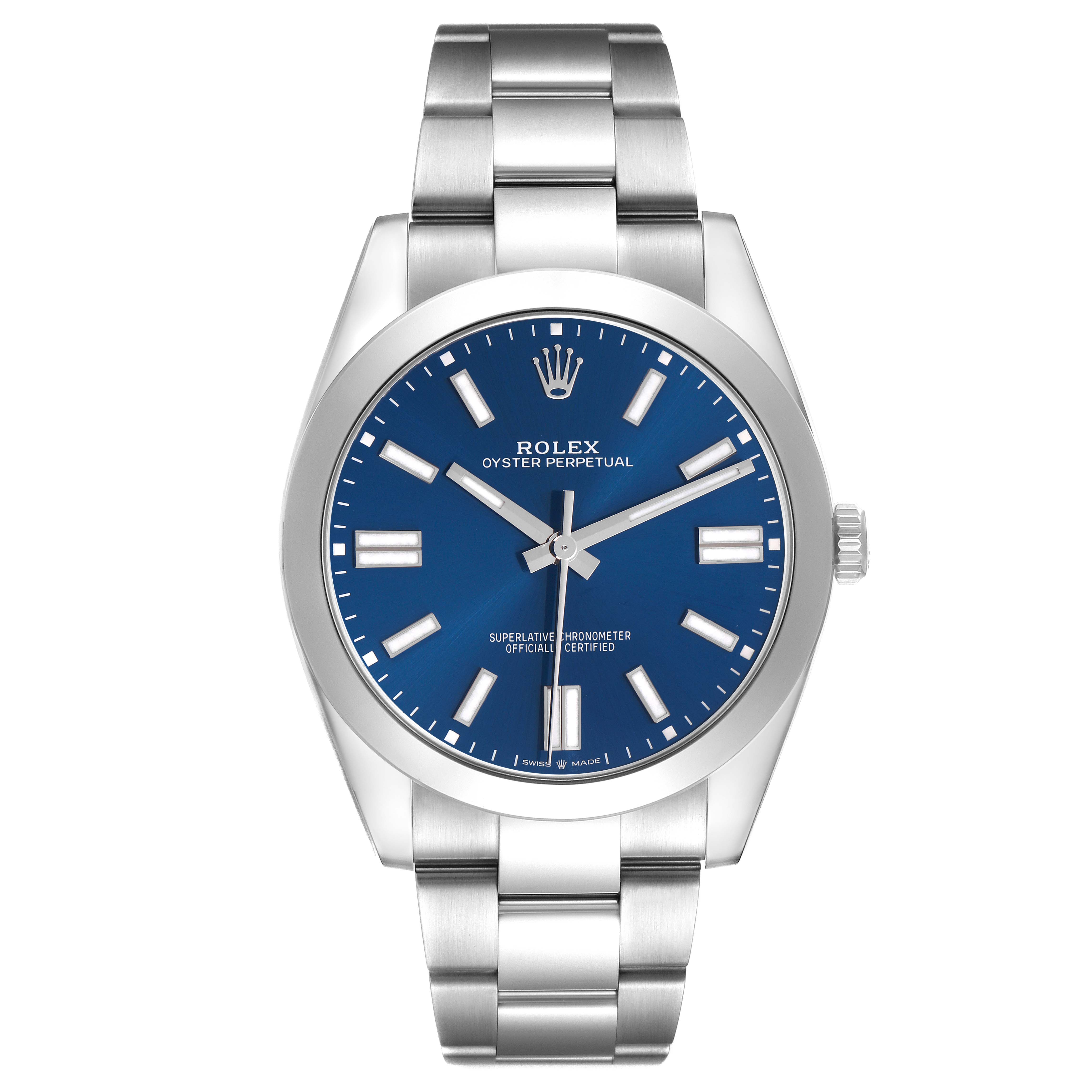 The Rolex Oyster Perpetual model 124300 is shown from a front angle, highlighting the blue dial, stainless steel case, and bracelet.