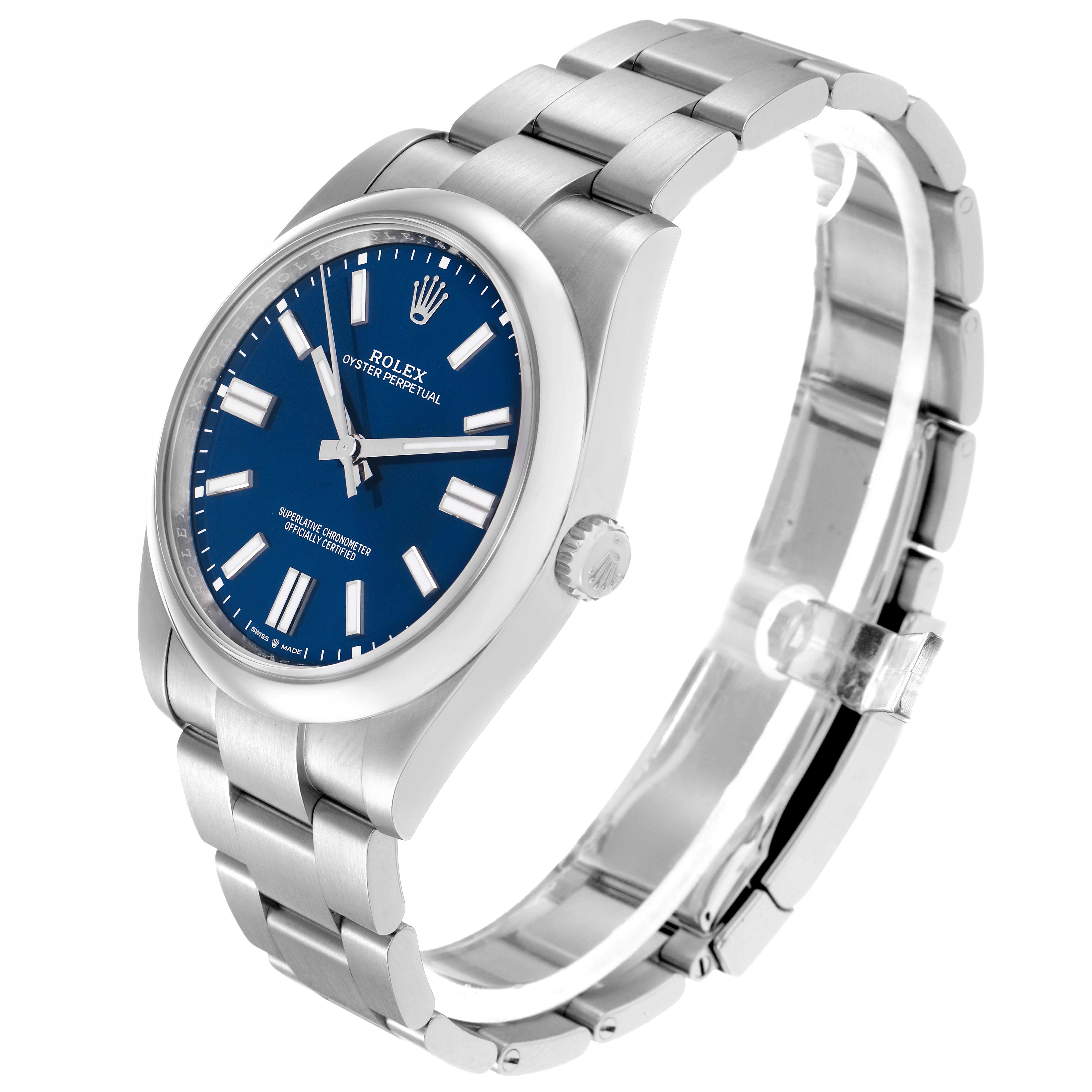 The image shows a Rolex Oyster Perpetual model 124300 men
s watch at a three-quarter angle, highlighting the blue dial, hour markers, crown, and bracelet.