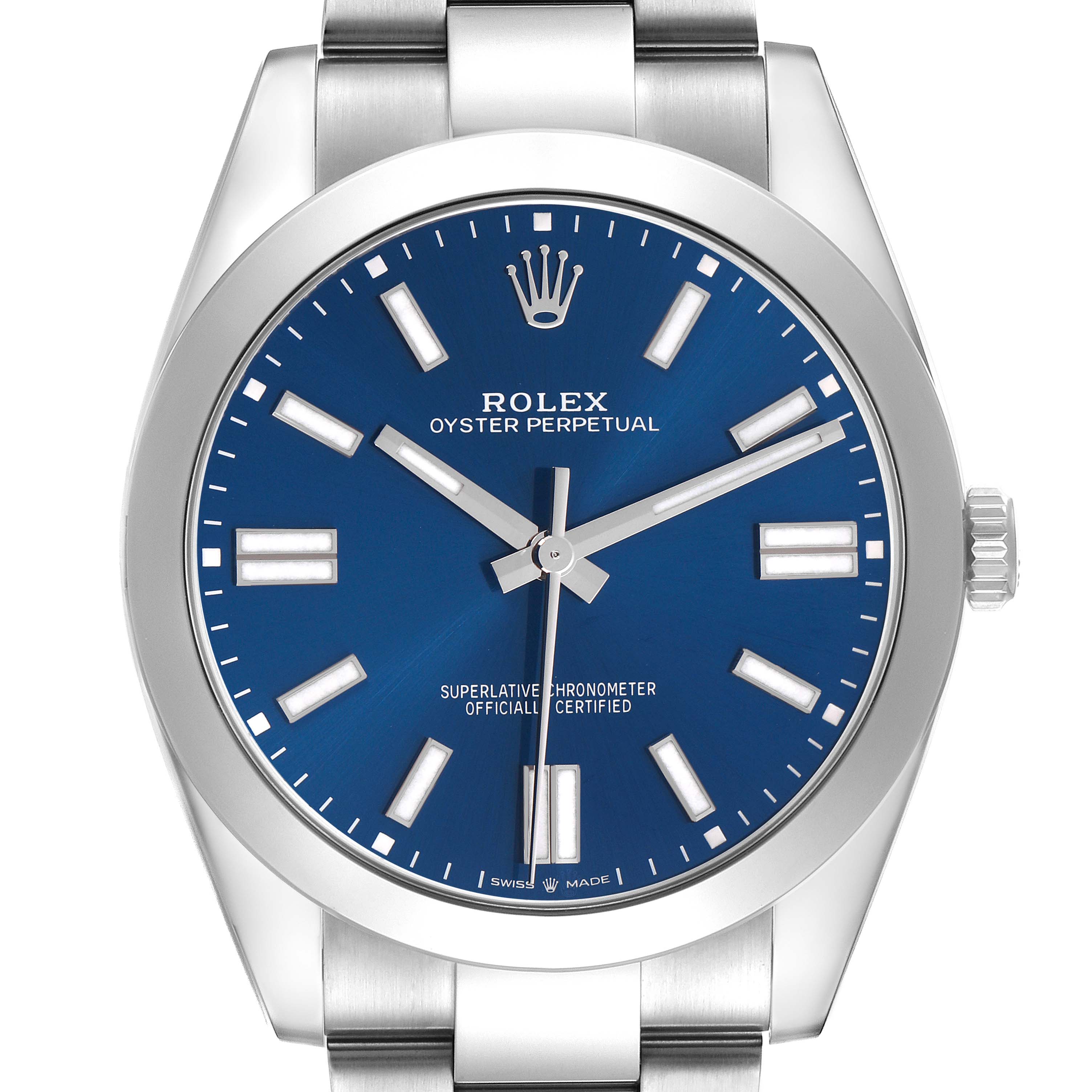 The image shows a close-up, front-facing view of the Rolex Oyster Perpetual model 124300, highlighting the blue dial, markers, and the crown.