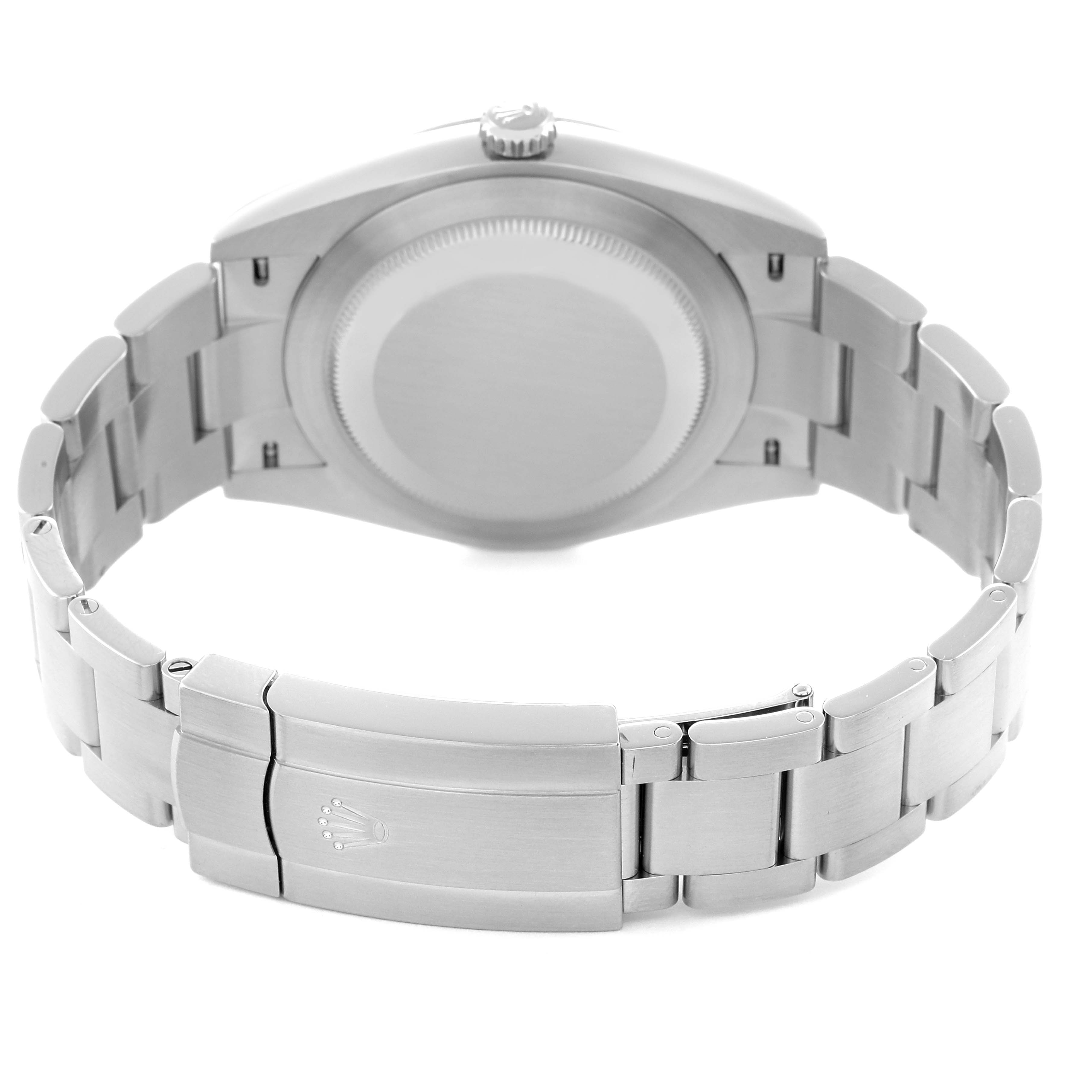 The image shows the back view of a Rolex Oyster Perpetual model 124300 men
s watch, highlighting the case back and bracelet clasp.