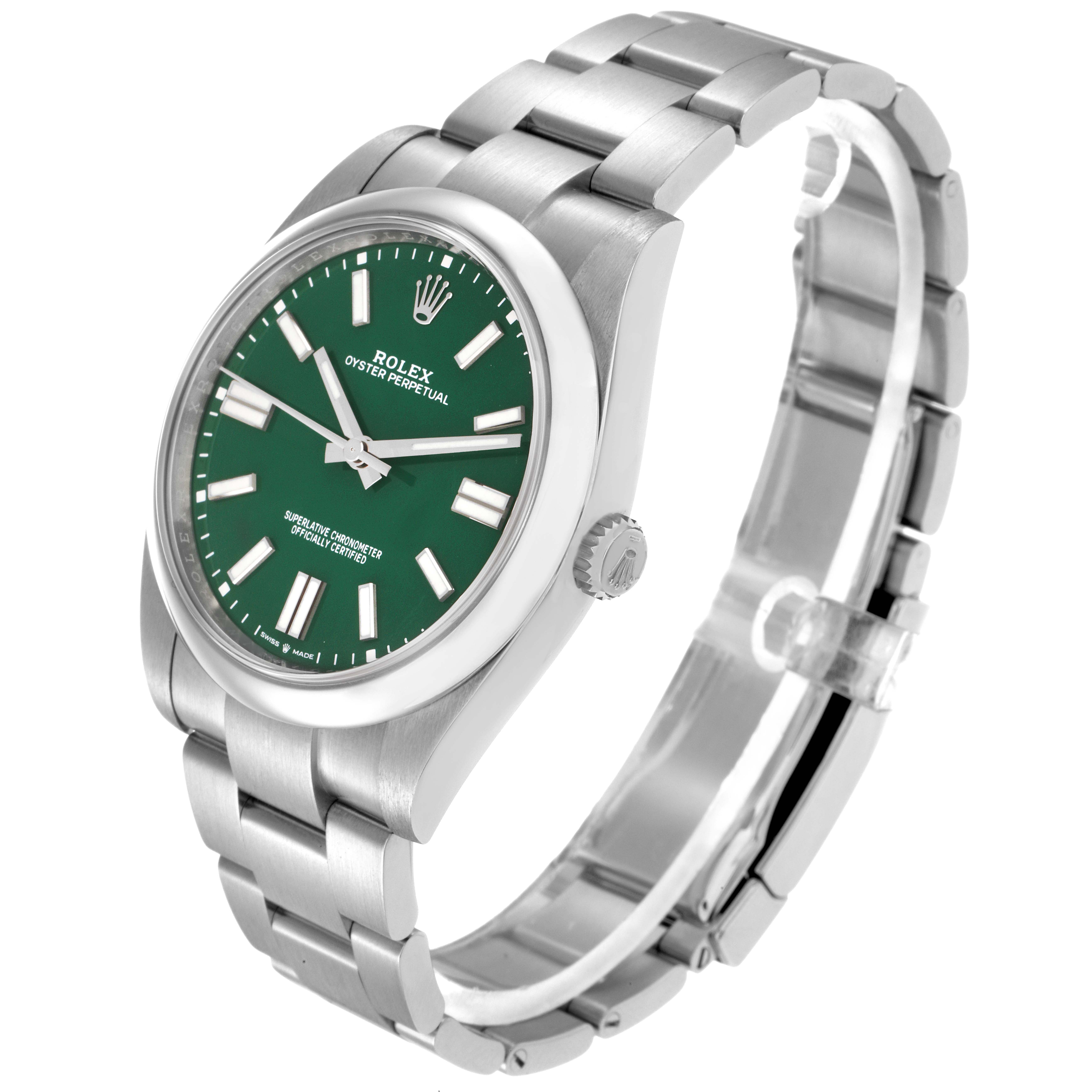 The image shows a side angle of the Rolex Oyster Perpetual model number 124300, highlighting the watch face, bezel, crown, and bracelet.