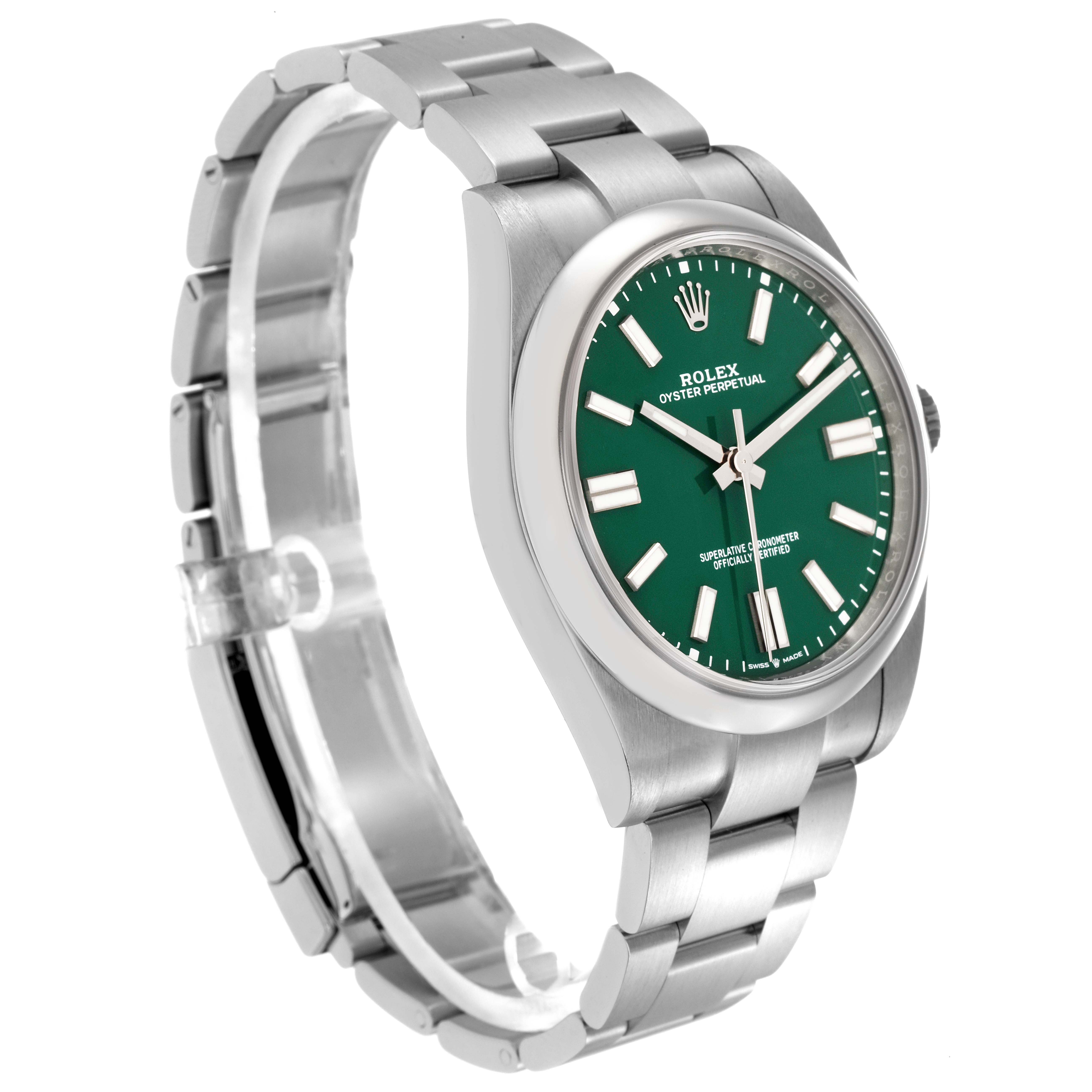 The Rolex Oyster Perpetual 124300 watch is shown at a slight angle, displaying its face, bezel, crown, and part of the stainless steel bracelet.