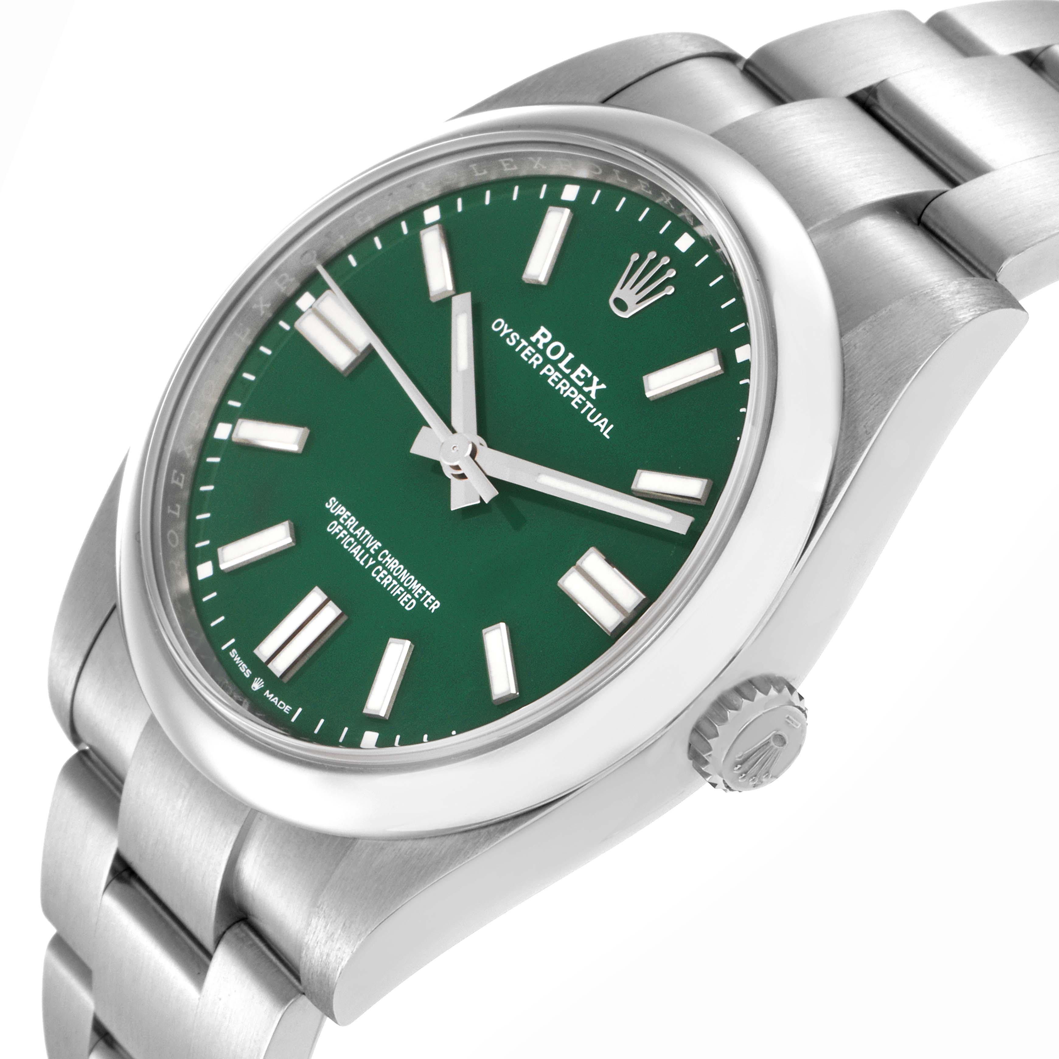 The image shows a Rolex Oyster Perpetual model 124300 from a side angle, highlighting the watch
s green dial, bezel, crown, and part of the bracelet.