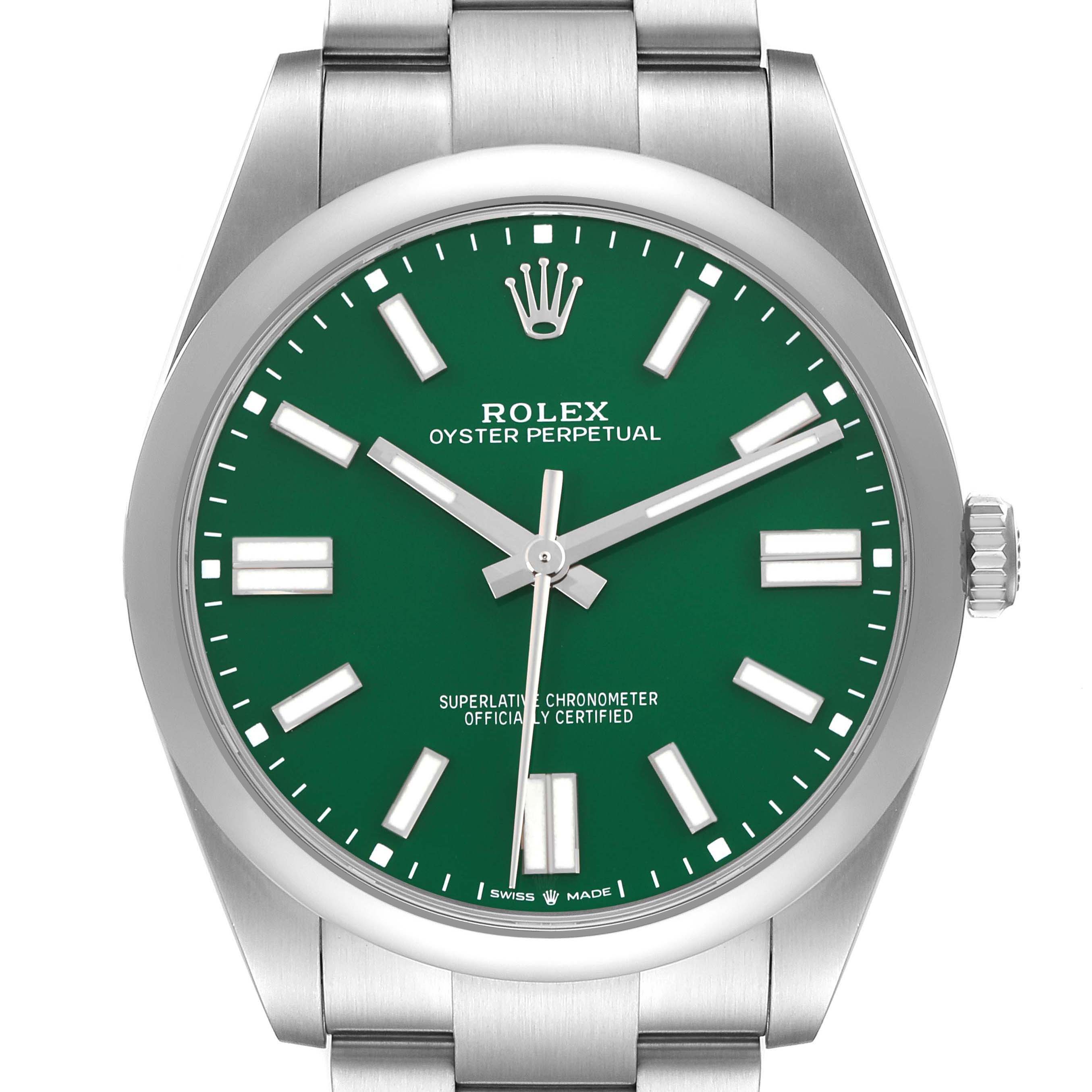 This Rolex Oyster Perpetual model 124300 is shown from a top view, highlighting the green dial, hour markers, hands, bezel, and part of the bracelet.