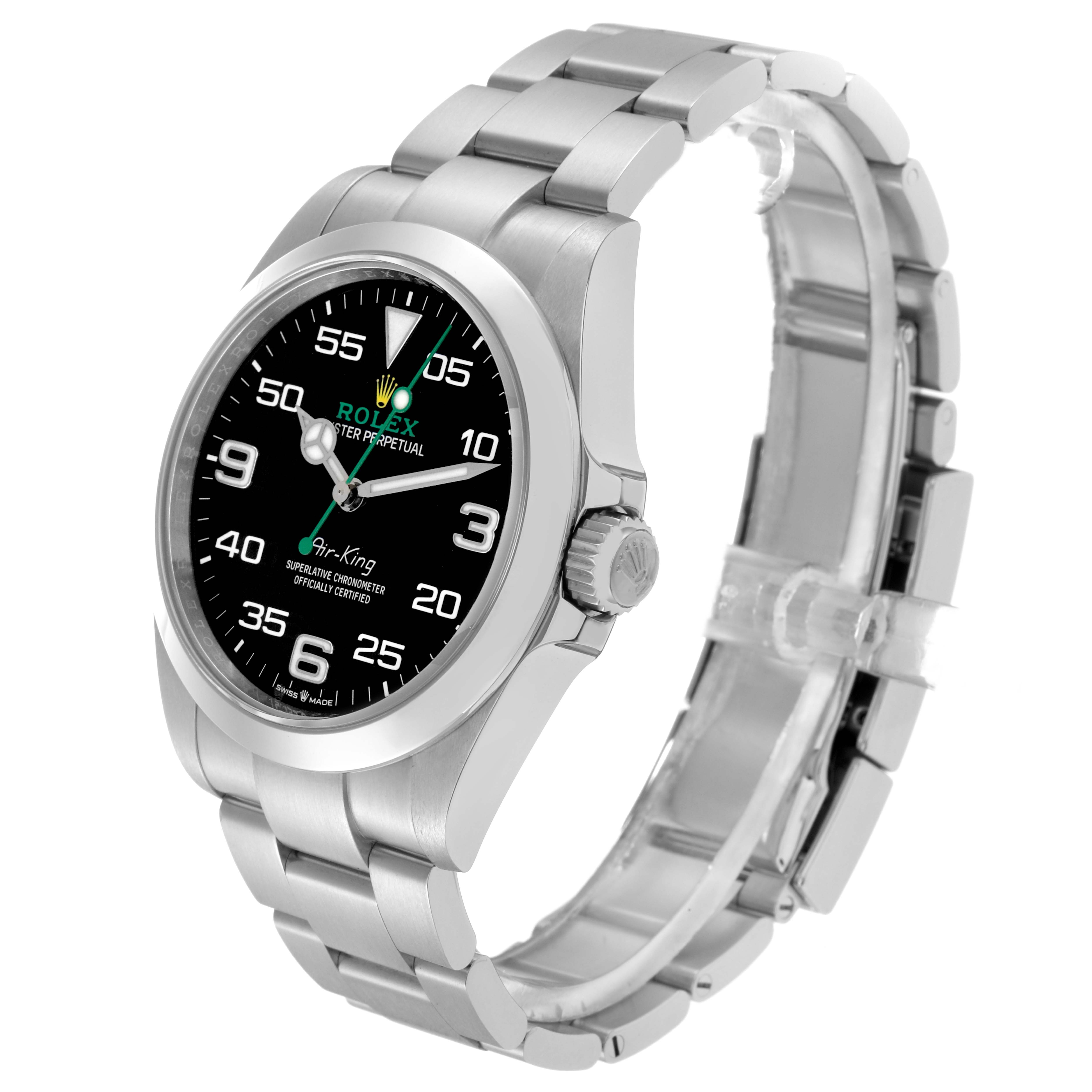 The image shows a Rolex Air-King model 126900 men's watch, angled to display its black dial, silver-tone case, and stainless steel bracelet prominently.