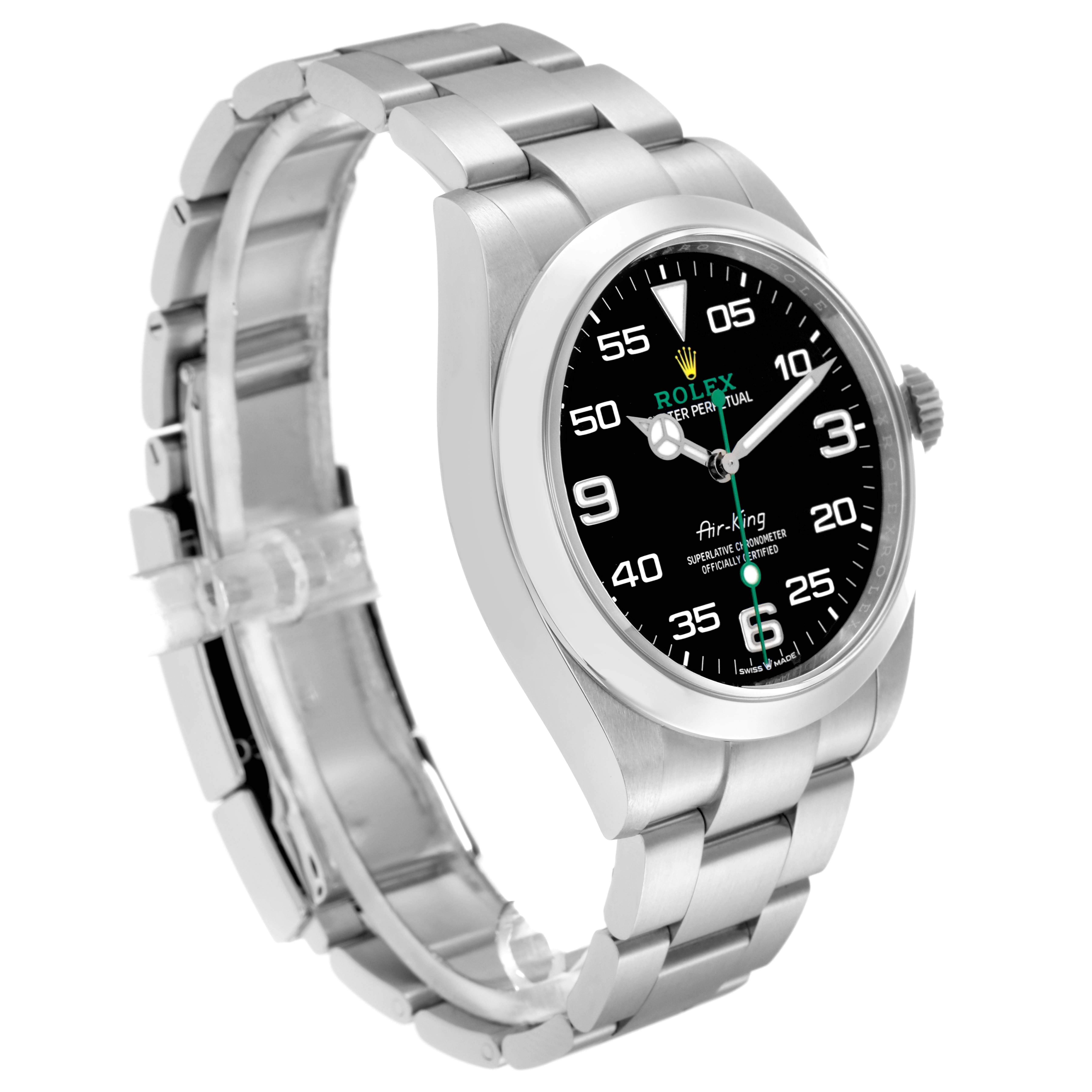 The image shows a Rolex Air-King model 126900 from a three-quarter view, highlighting the dial, bezel, crown, and bracelet.