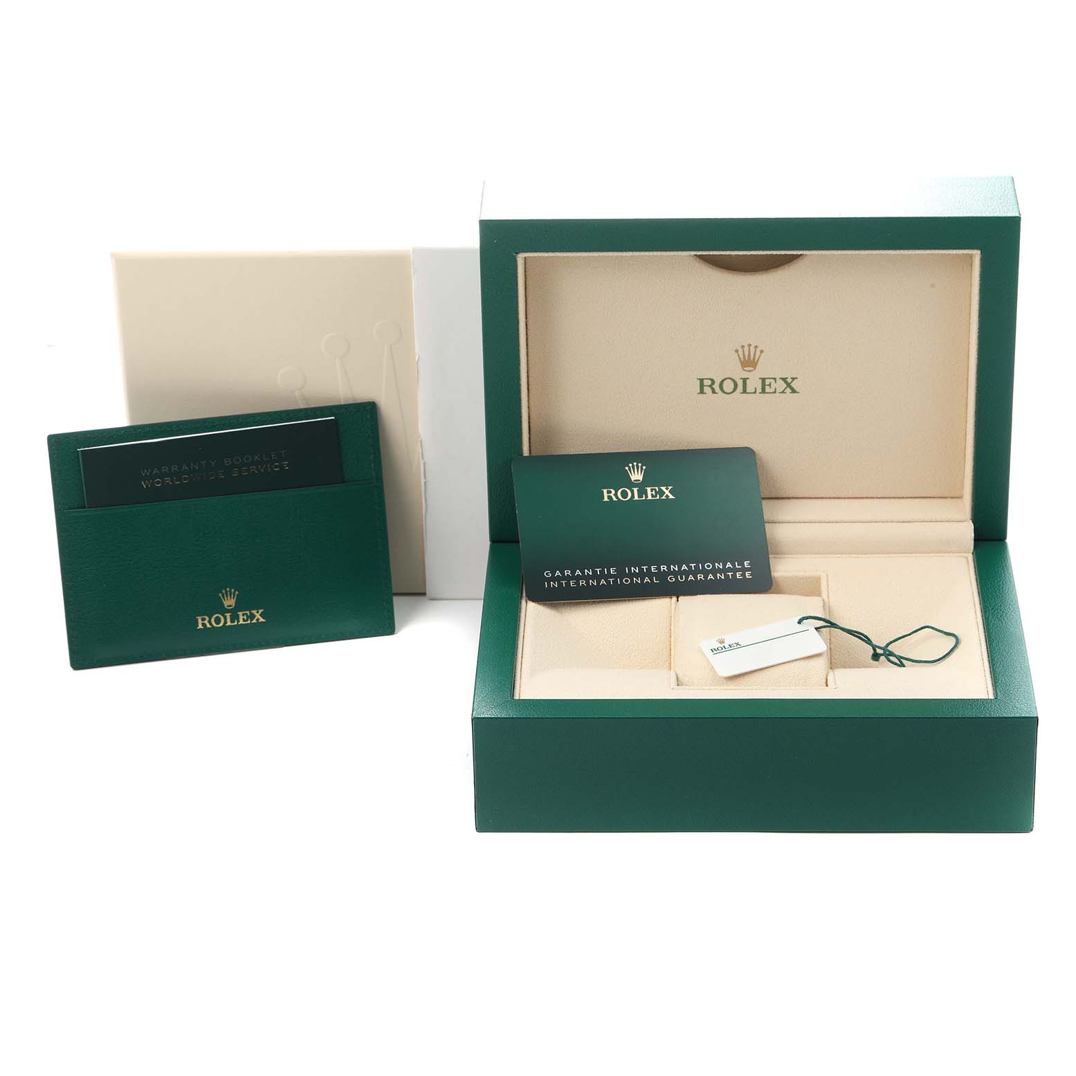 The image shows packaging and accessories for a Rolex Air-King model 126900 Men's watch, featuring a box, warranty card, and booklet.