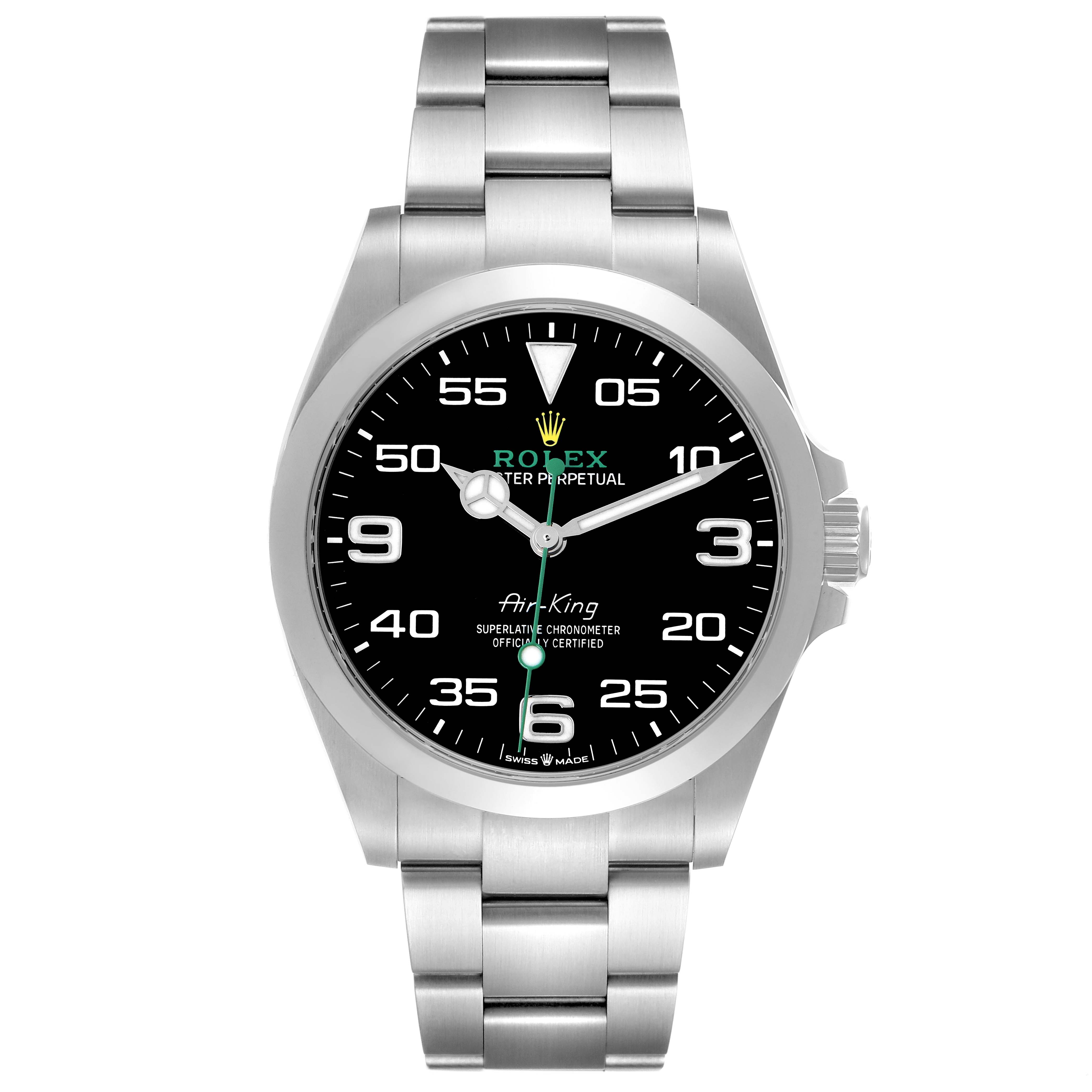 The image shows a front view of the Rolex Air-King model 126900 Men’s watch, featuring its black dial, luminescent markers, and stainless steel bracelet.