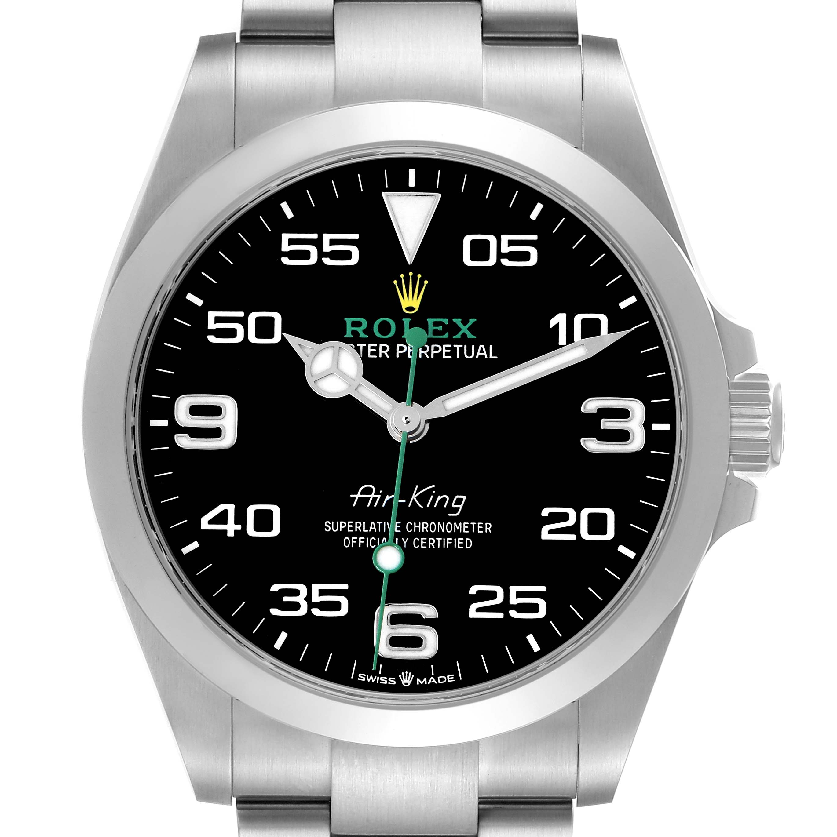 The image shows a frontal view of the Rolex Air-King, model 126900, displaying the dial, bezel, crown, and part of the bracelet.