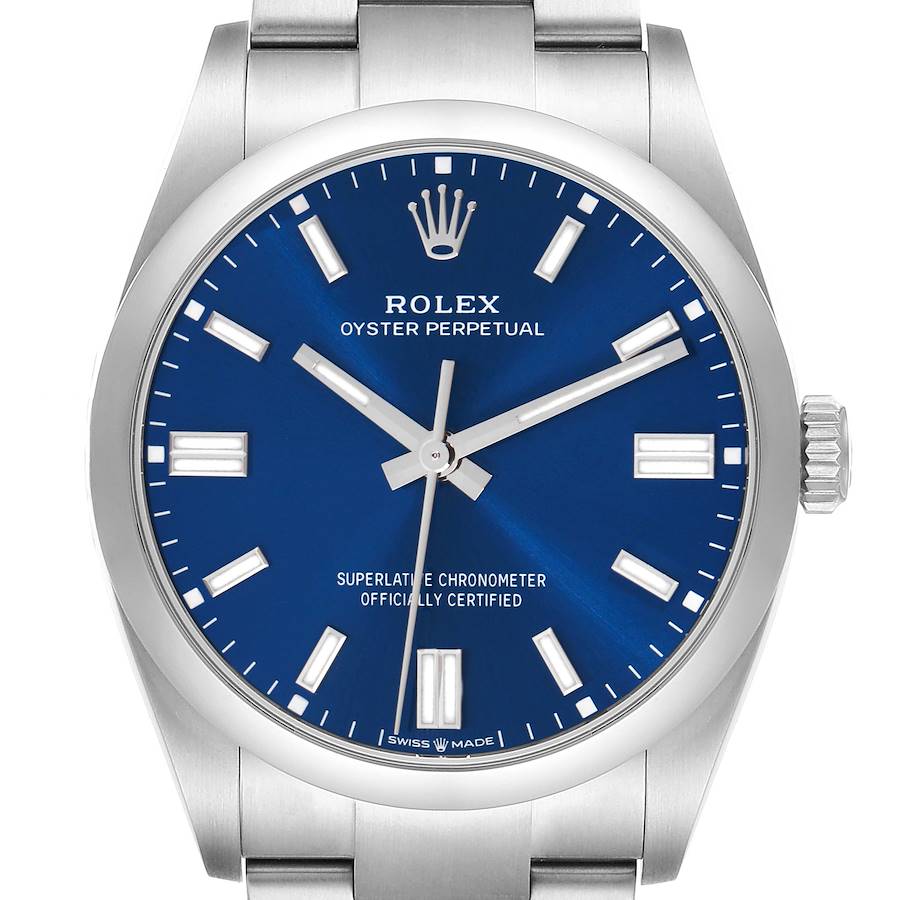 The Rolex Oyster Perpetual model 126000 watch is shown from the front, displaying the blue dial, indices, hands, crown, and part of the bracelet.