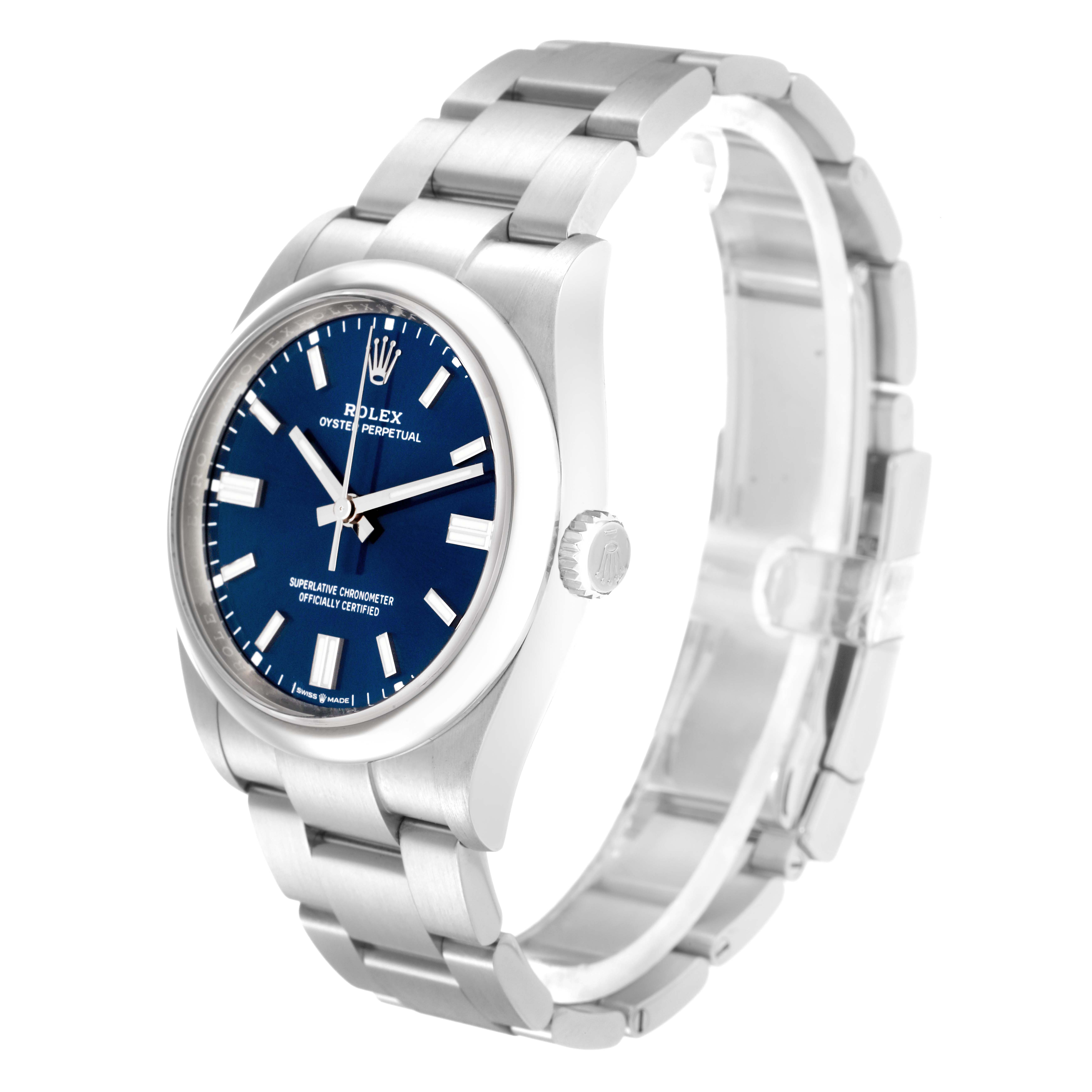 The Rolex Oyster Perpetual model 126000 is shown from a front-right angle, displaying the watch face, crown, and part of the bracelet.