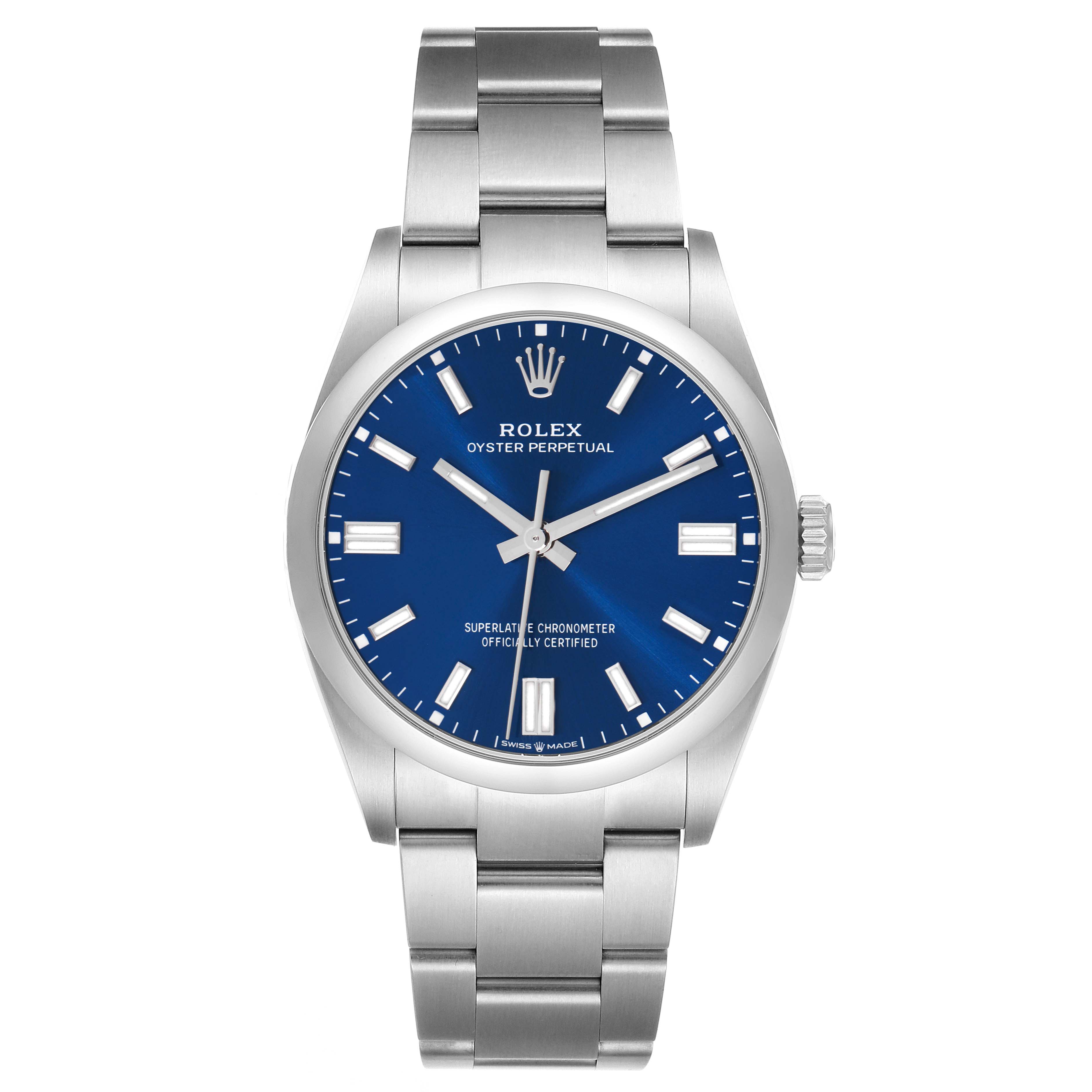 The Rolex Oyster Perpetual model 126000 men's watch is shown from a front angle, displaying the blue dial, case, hands, and bracelet clearly.