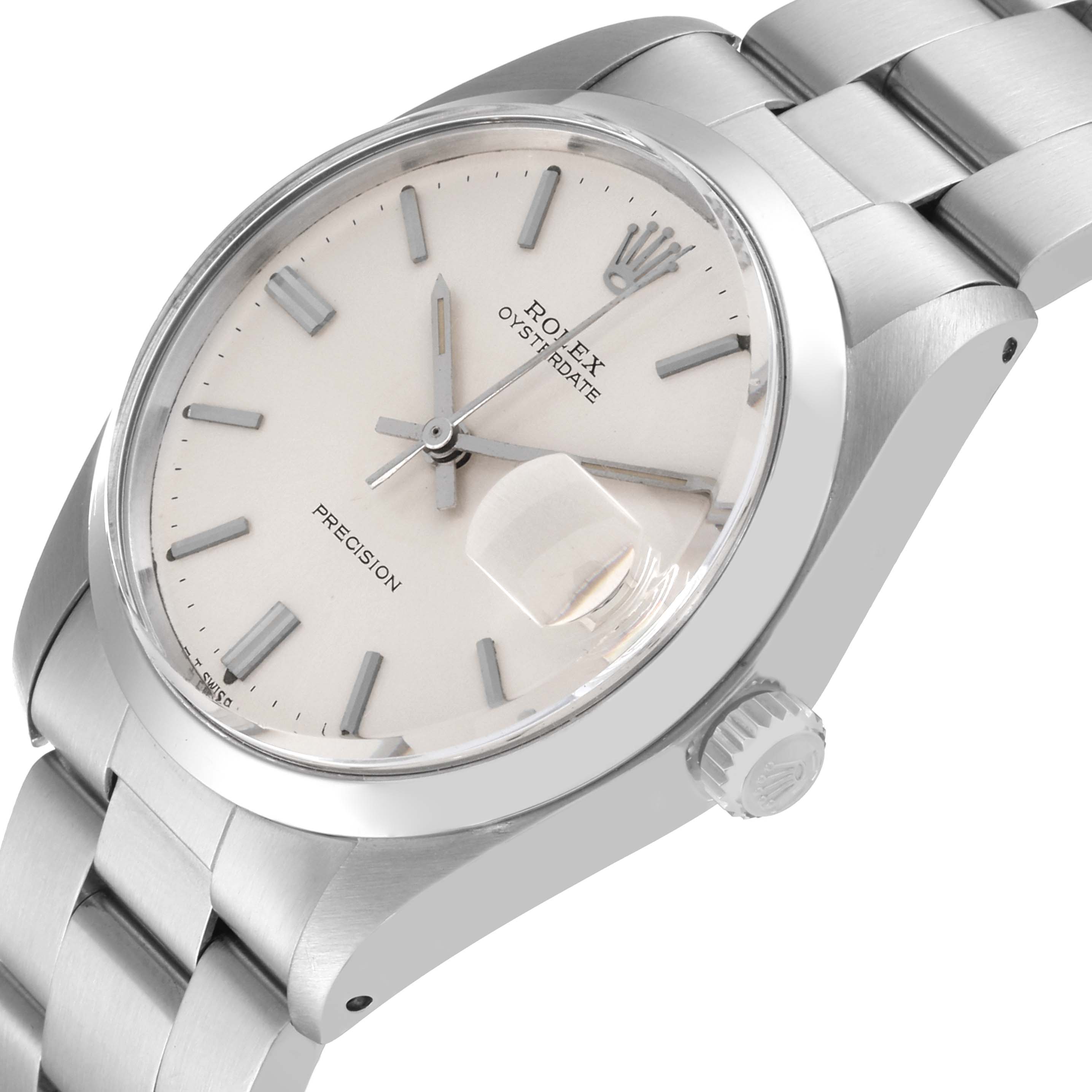 This image shows a Vintage Collection Rolex Oysterdate Precision watch from an angled side view, highlighting its dial and bracelet.