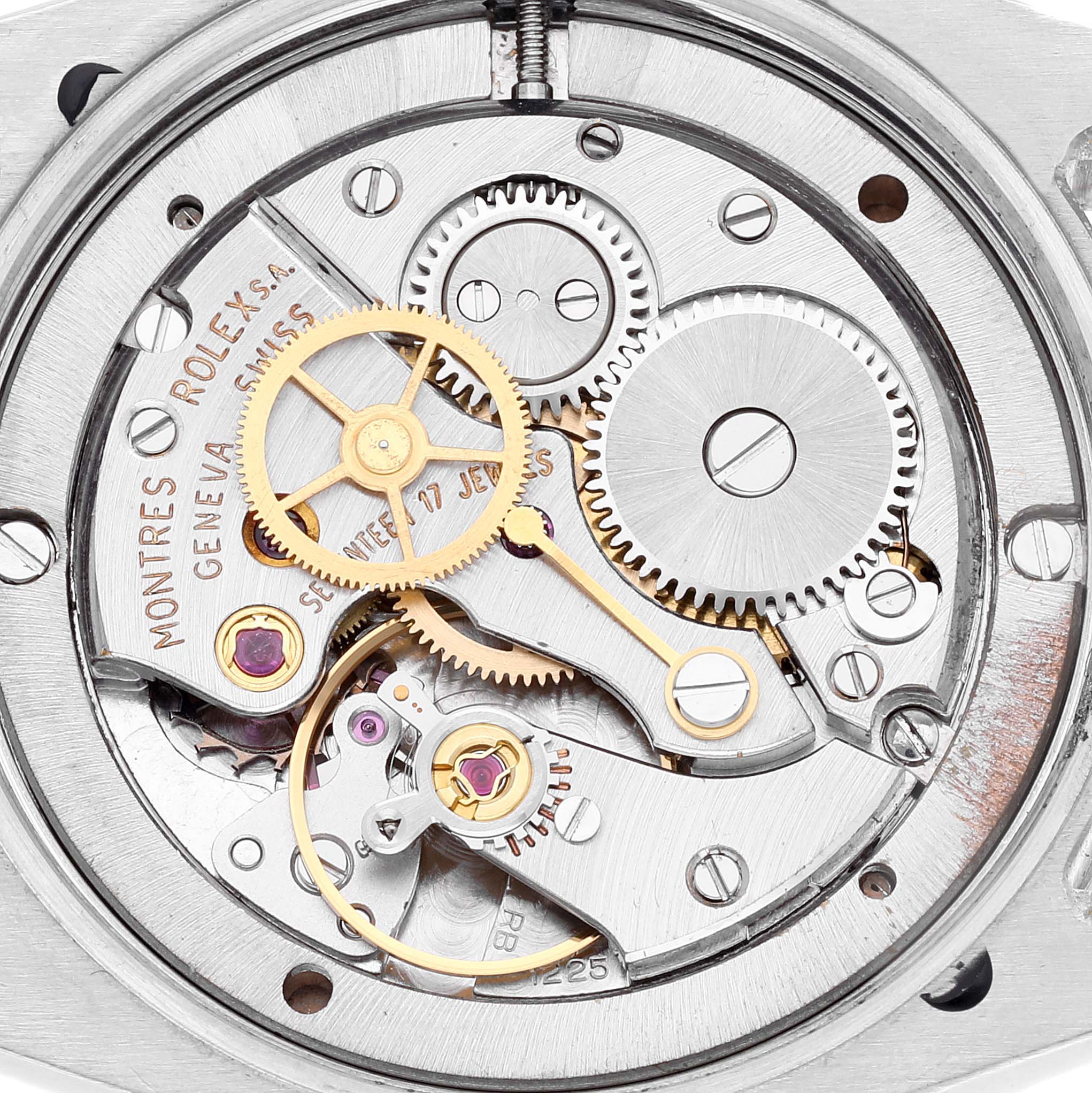 This is a close-up view of the inner mechanical components of the Rolex Vintage Collection 6694 Men's Stainless Steel Silver Dial 6694 Men's Stainless Steel Silver Dial model.