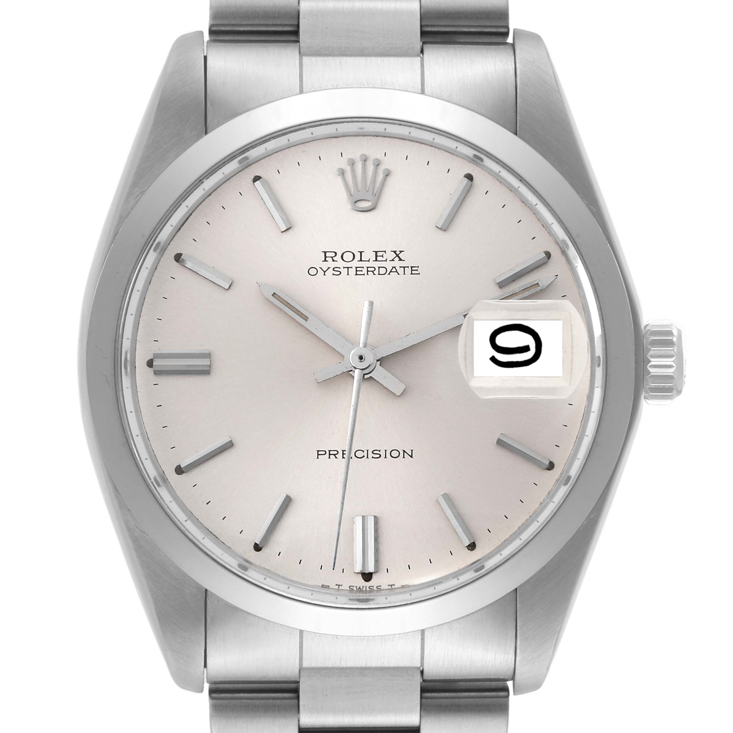 This image shows a front view of a Rolex Vintage Collection 6694 Men's Stainless Steel Silver Dial 6694 Men's Stainless Steel Silver Dial Oysterdate Precision watch, highlighting the dial, hands, and bracelet.