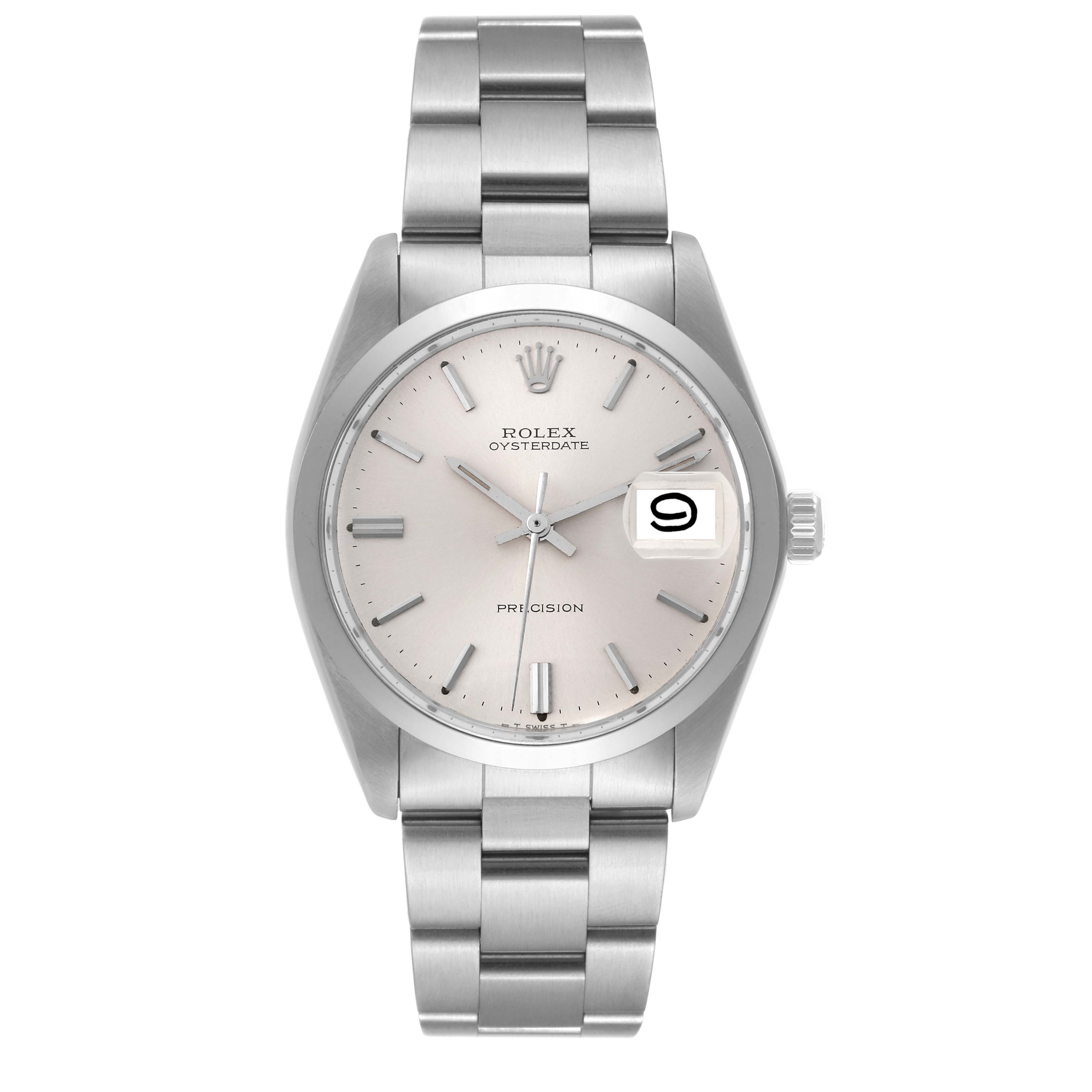 The image shows a front view of a Rolex Vintage Collection 6694 Men's Stainless Steel Silver Dial 6694 Men's Stainless Steel Silver Dial Oysterdate watch, showcasing its dial, bezel, and bracelet.