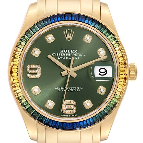 Photo of Rolex Pearlmaster Yellow Gold Sapphire Bezel Mens Watch 86348 Box Card