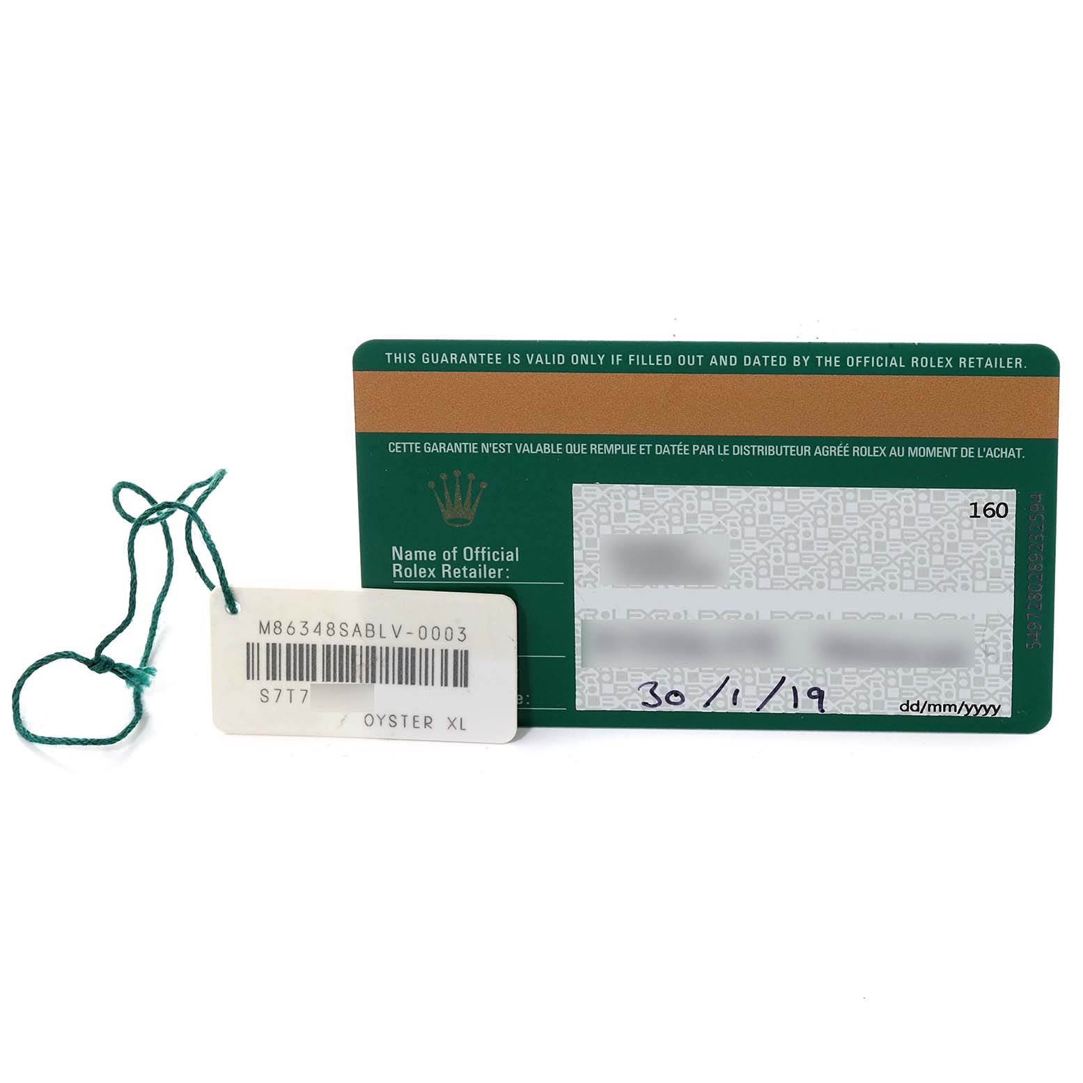 The image shows the warranty card and tag for a Rolex Pearlmaster 86348 Men's Yellow Gold Green Dial 86348 Men's Yellow Gold Green Dial watch.