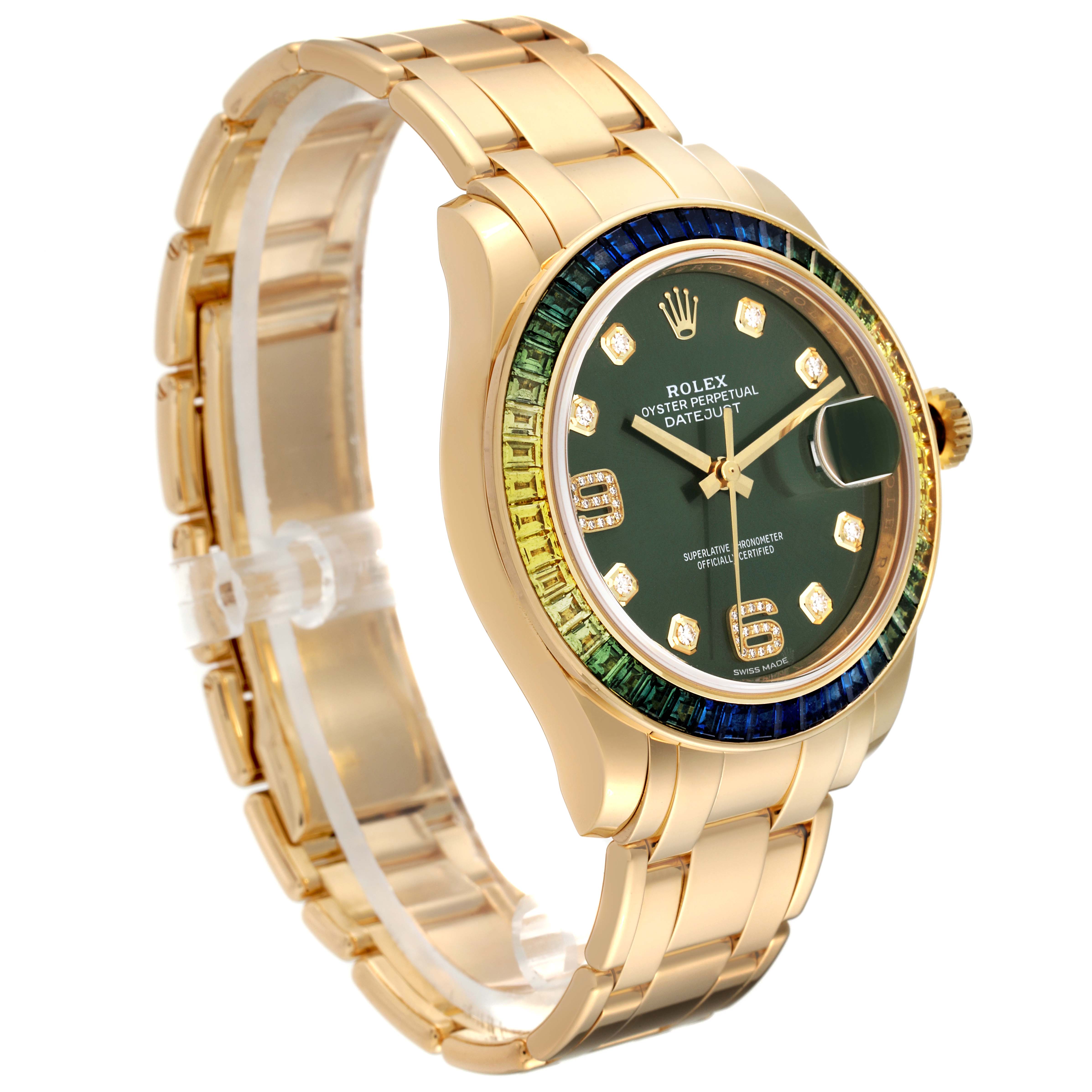 The image shows a side angle of the Rolex Pearlmaster 86348 Men's Yellow Gold Green Dial 86348 Men's Yellow Gold Green Dial watch, highlighting the gold bracelet, green dial, and gemstone bezel.