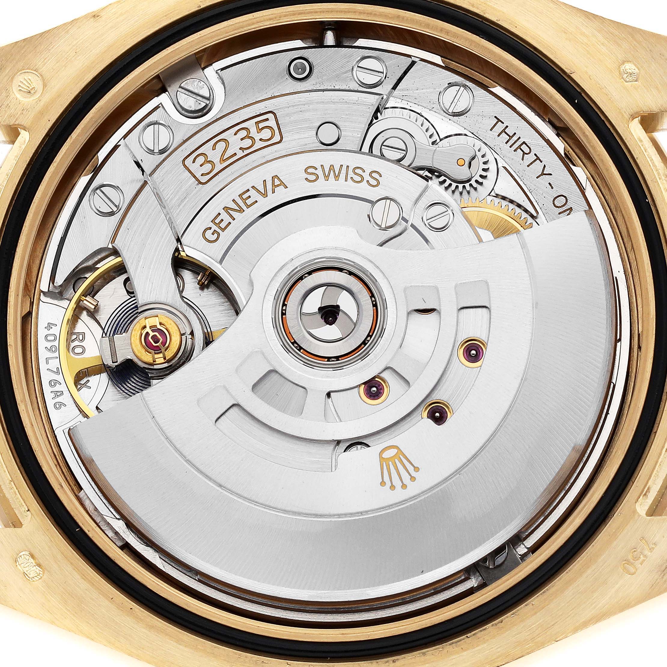 This image shows a detailed close-up of the movement mechanism of a Rolex Pearlmaster 86348 Men's Yellow Gold Green Dial 86348 Men's Yellow Gold Green Dial watch, focusing on its internal components.