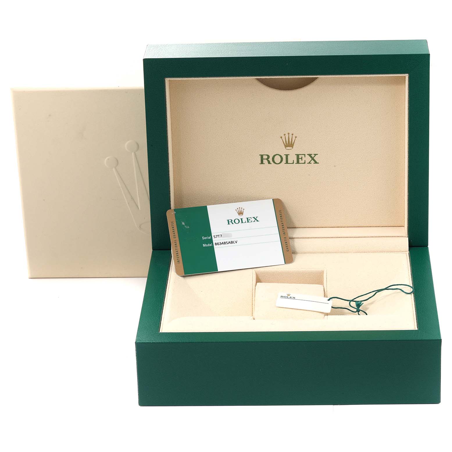 This image shows the open box and accessory card for a Rolex Pearlmaster 86348 Men's Yellow Gold Green Dial 86348 Men's Yellow Gold Green Dial watch.