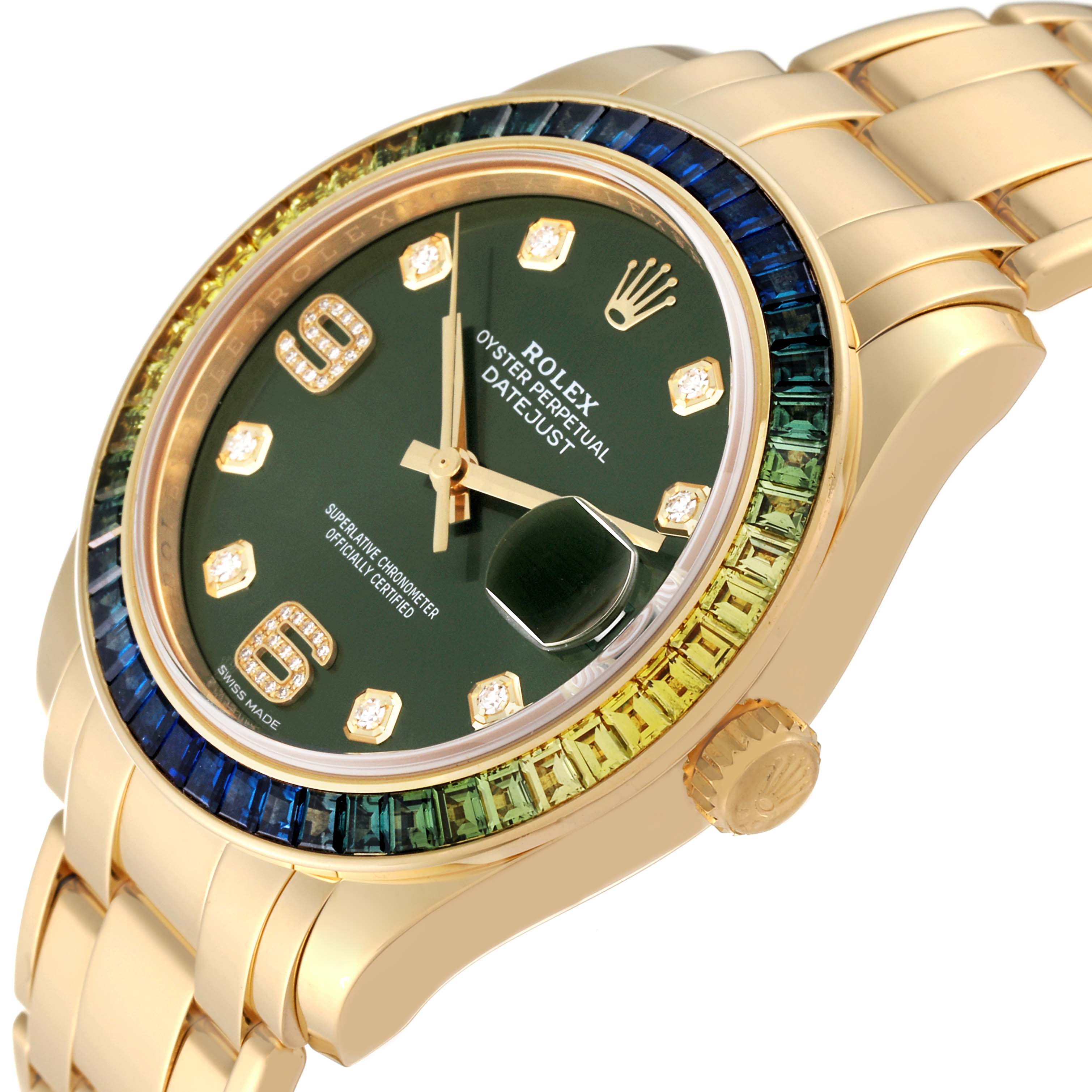 The image shows a Rolex Pearlmaster 86348 Men's Yellow Gold Green Dial 86348 Men's Yellow Gold Green Dial watch at an angle highlighting its green dial, gemstone bezel, crown, and part of the bracelet.