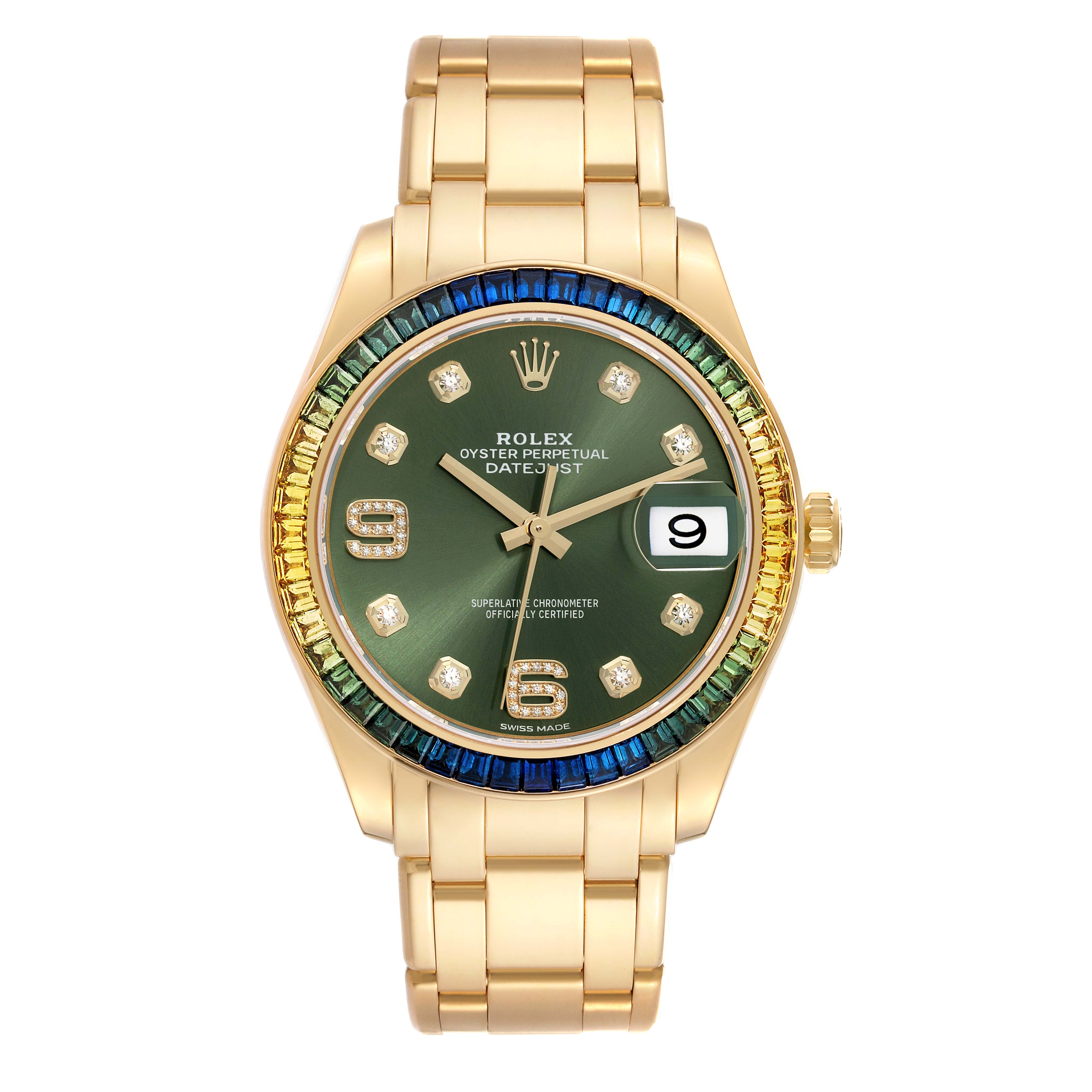 The image shows a front view of a Rolex Pearlmaster 86348 Men's Yellow Gold Green Dial 86348 Men's Yellow Gold Green Dial watch, highlighting its gold bracelet, green dial, and gem-set bezel.
