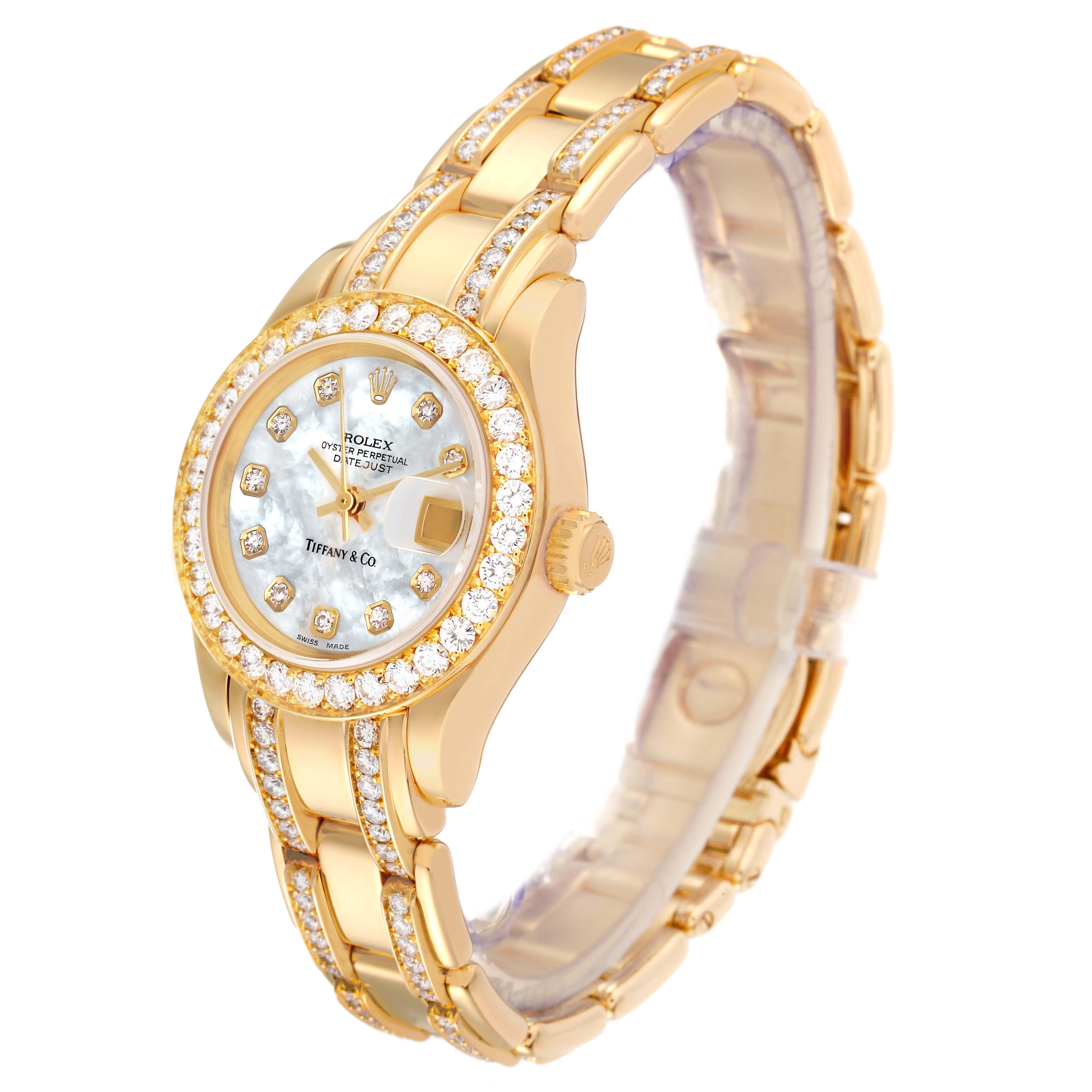 The image displays a Rolex Pearlmaster 69298 Women's Yellow Gold Mother of Pearl Dial 69298 Women's Yellow Gold Mother of Pearl Dial watch from a side angle, highlighting the dial, bezel, crown, and bracelet.