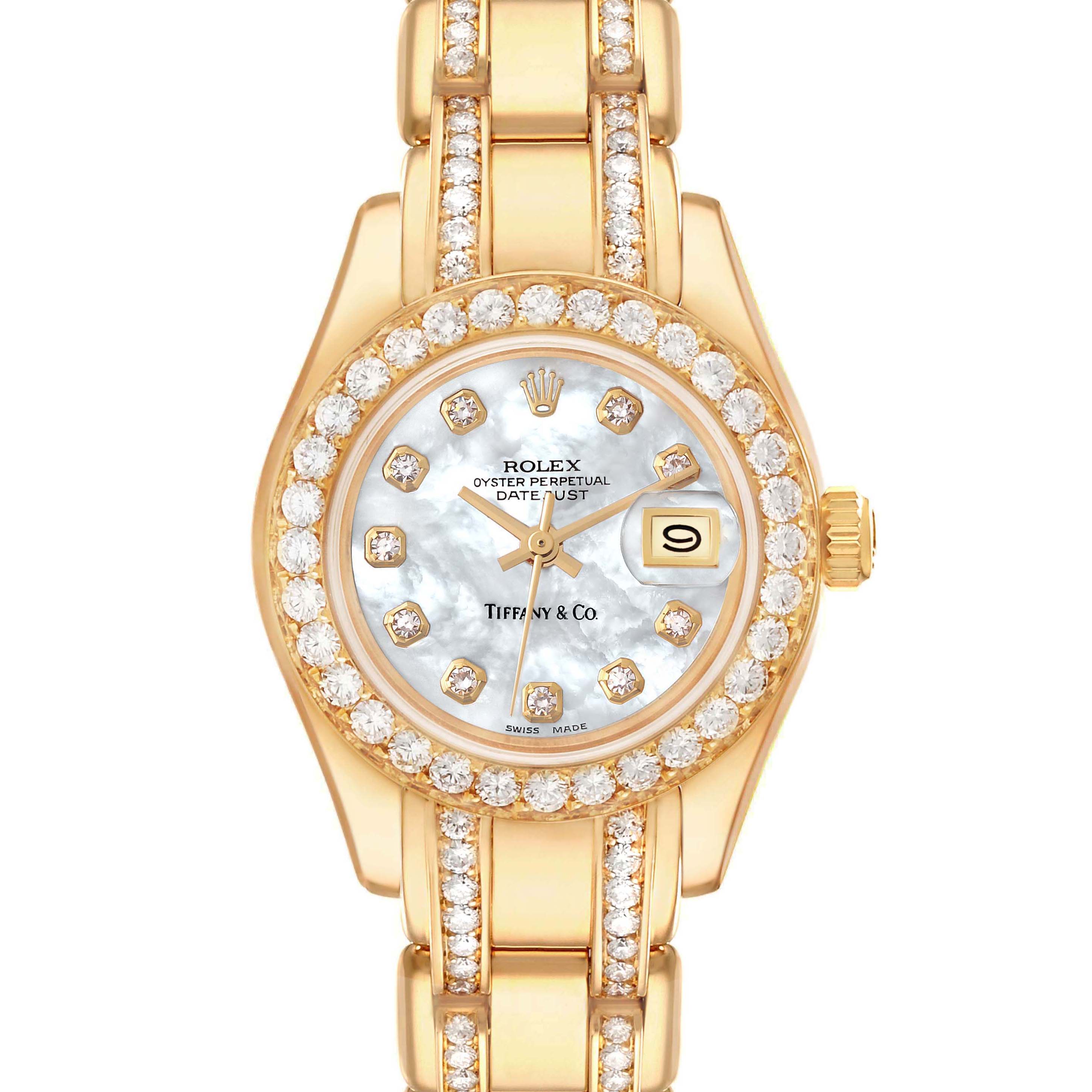 The image shows a front view of the Rolex Pearlmaster 69298 Women's Yellow Gold Mother of Pearl Dial 69298 Women's Yellow Gold Mother of Pearl Dial watch, highlighting its gold bracelet and diamond-encrusted bezel and dial.