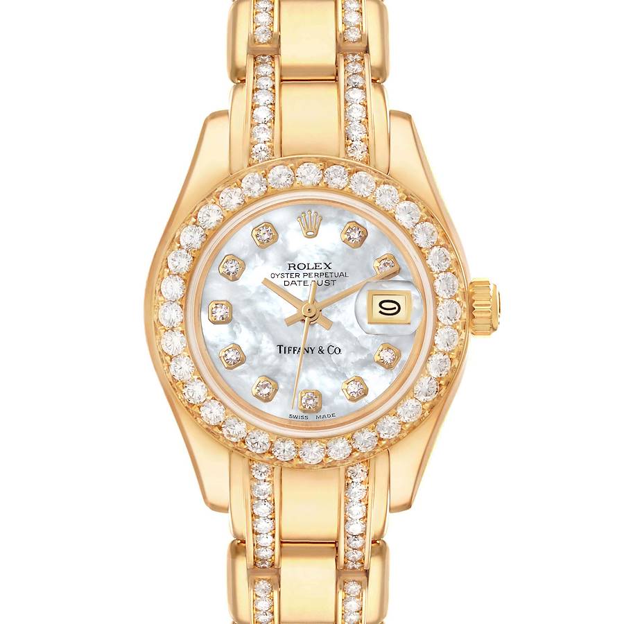 Rolex Pearlmaster Yellow Gold Tiffany Mother Of Pearl Diamond Ladies Watch 69298 Box Papers SwissWatchExpo