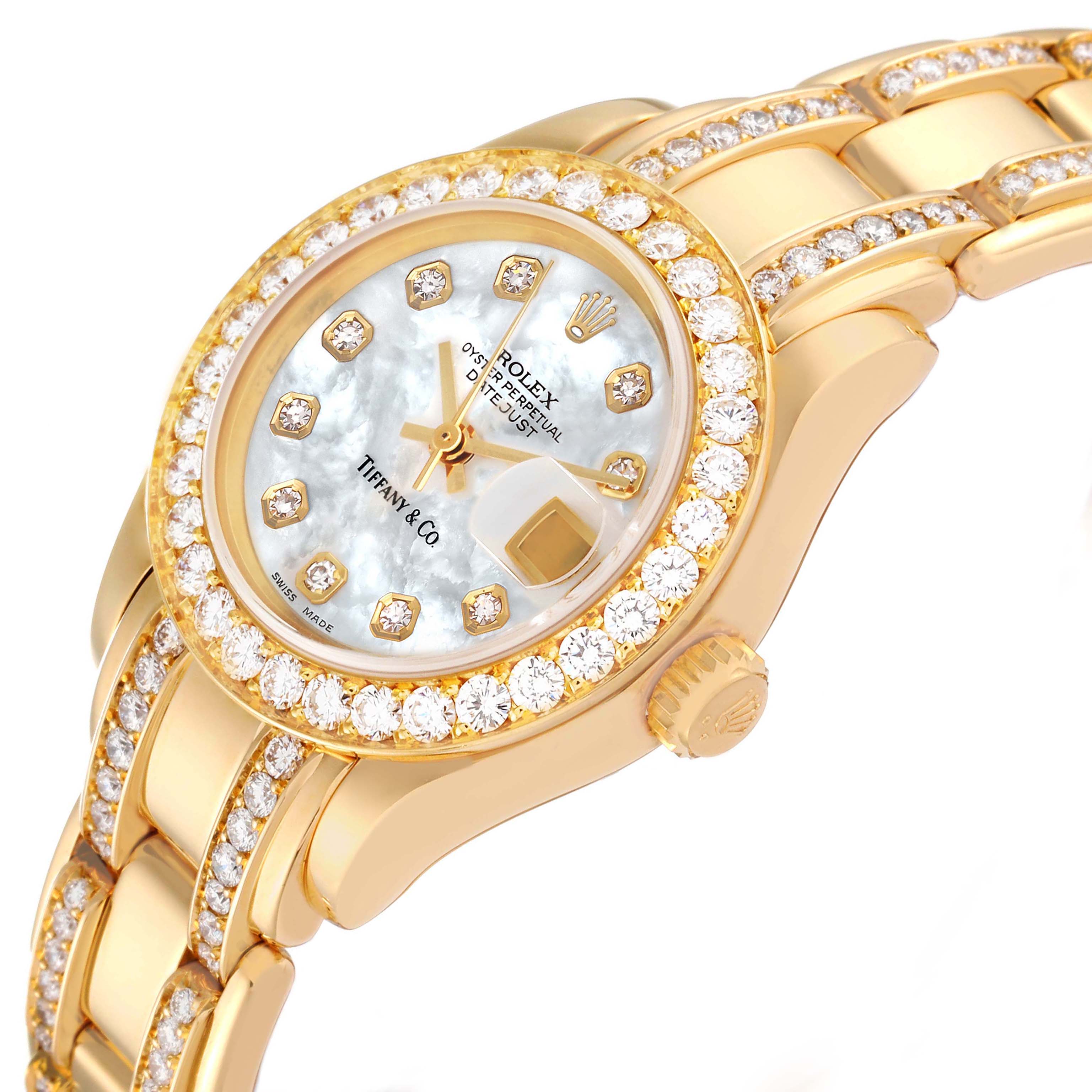 The Rolex Pearlmaster 69298 Women's Yellow Gold Mother of Pearl Dial 69298 Women's Yellow Gold Mother of Pearl Dial watch is shown from a three-quarter angle, highlighting the face, bezel, crown, and part of the bracelet.