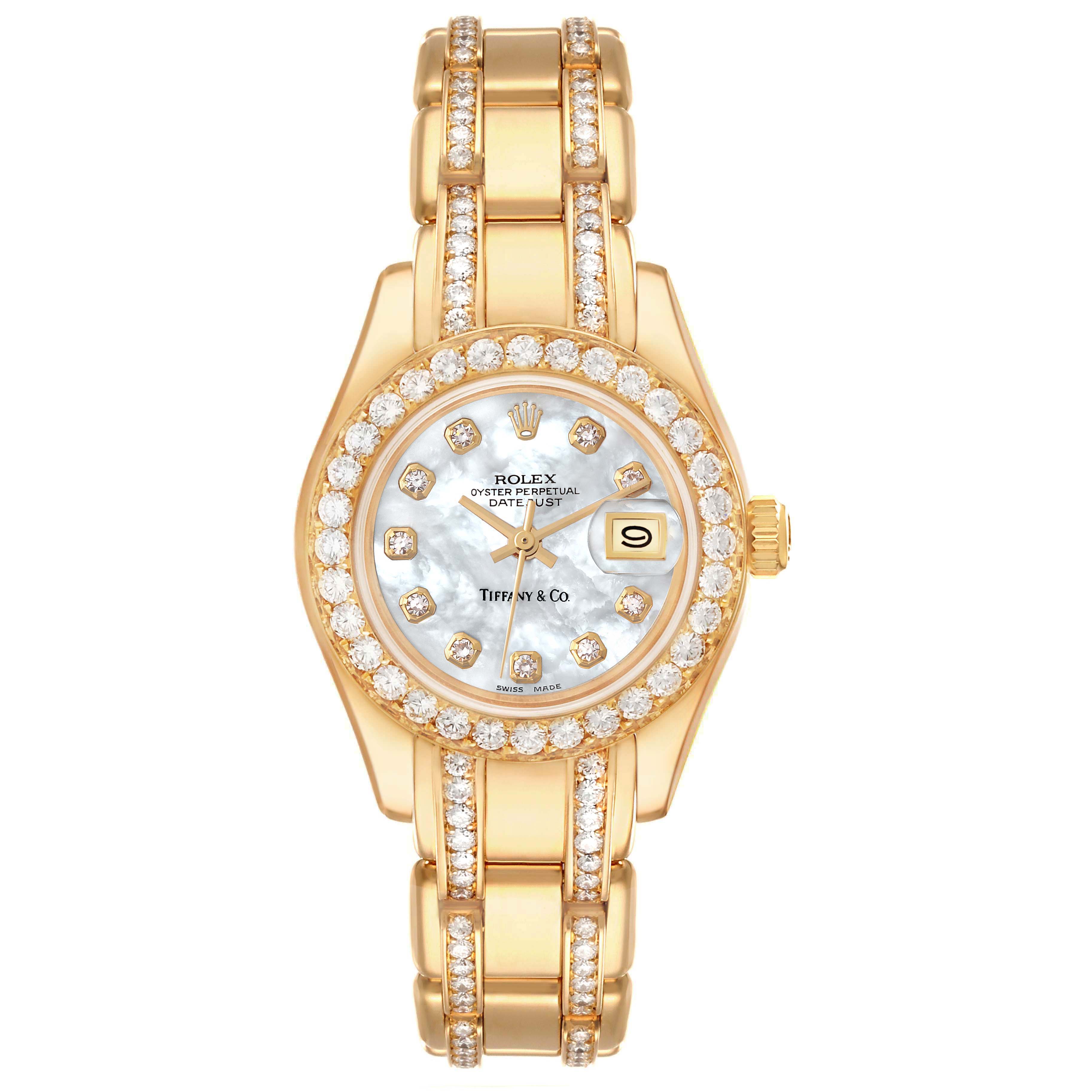 The image shows a front view of the Rolex Pearlmaster 69298 Women's Yellow Gold Mother of Pearl Dial 69298 Women's Yellow Gold Mother of Pearl Dial watch, highlighting its gold band and diamond-studded bezel.