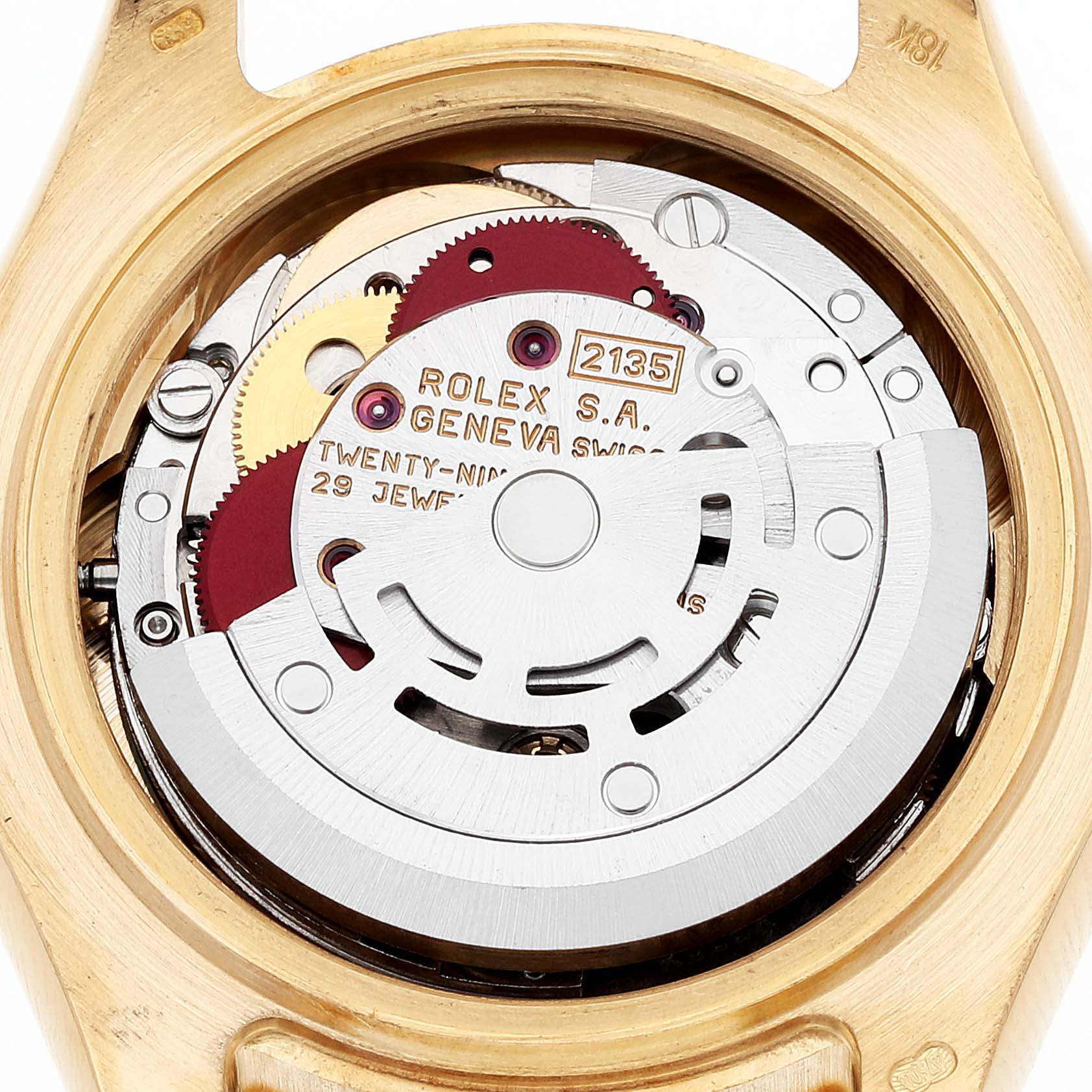The image shows the detailed movement and inner mechanisms of the Rolex Pearlmaster 69298 Women's Yellow Gold Mother of Pearl Dial 69298 Women's Yellow Gold Mother of Pearl Dial watch from a back angle.