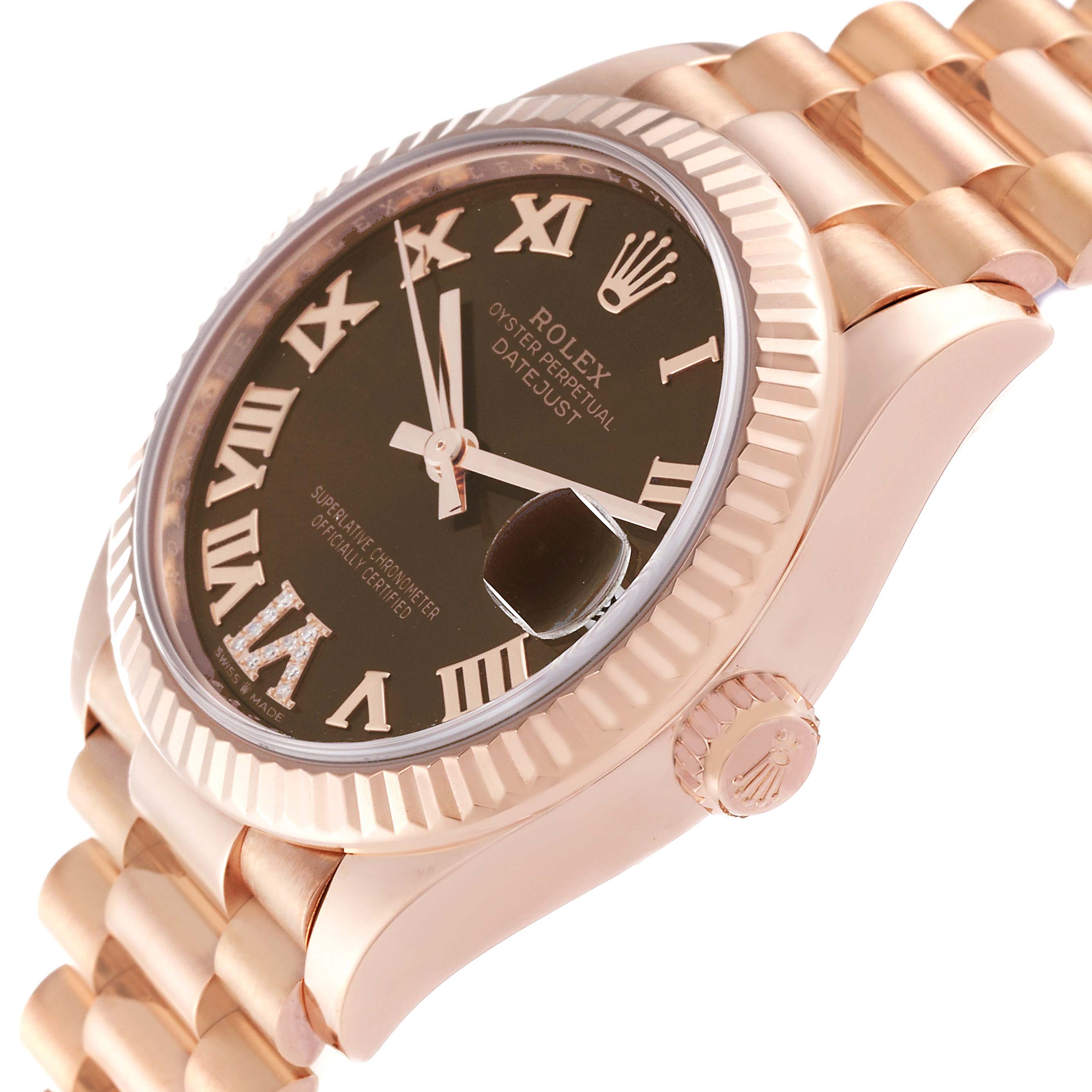 The image shows a close-up side view of a Rolex President 278275 Women's Rose Gold Brown Dial 278275 Women's Rose Gold Brown Dial model watch, focusing on the dial, bezel, and part of the bracelet.