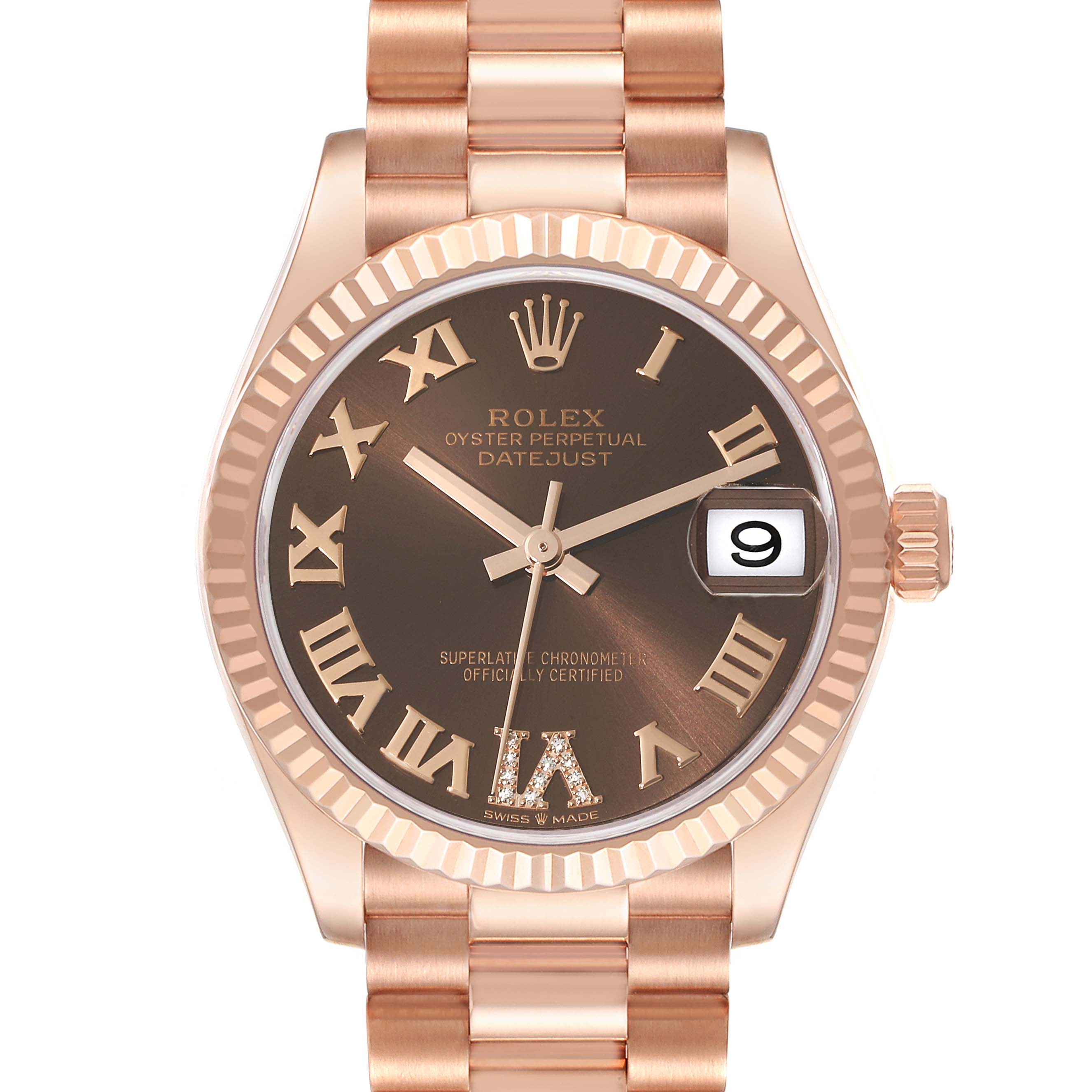 This image shows a Rolex President 278275 Women's Rose Gold Brown Dial 278275 Women's Rose Gold Brown Dial model watch from the front, including the dial, hands, date window, crown, and part of the bracelet.
