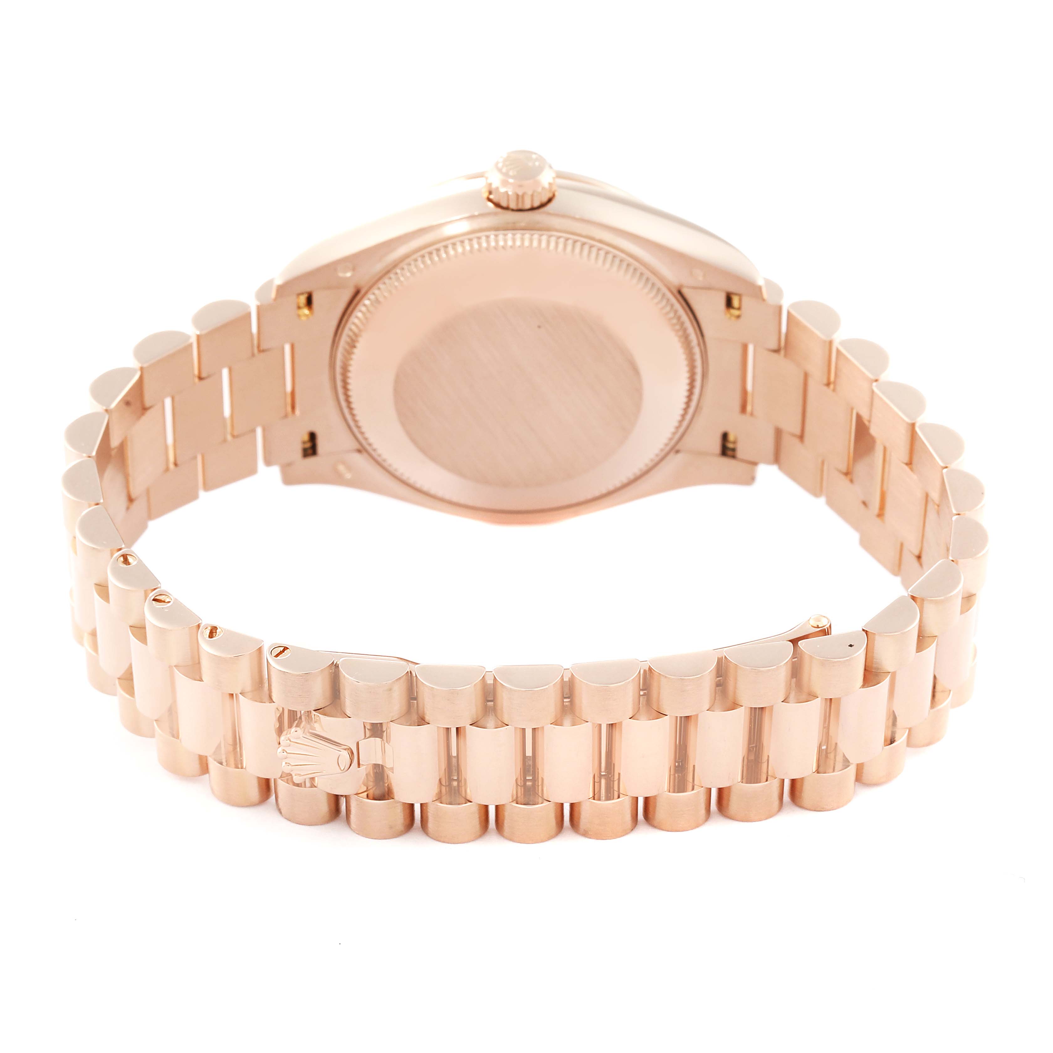 This Rolex President 278275 Women's Rose Gold Brown Dial 278275 Women's Rose Gold Brown Dial model watch is shown from the rear, highlighting the case back and the gold bracelet.