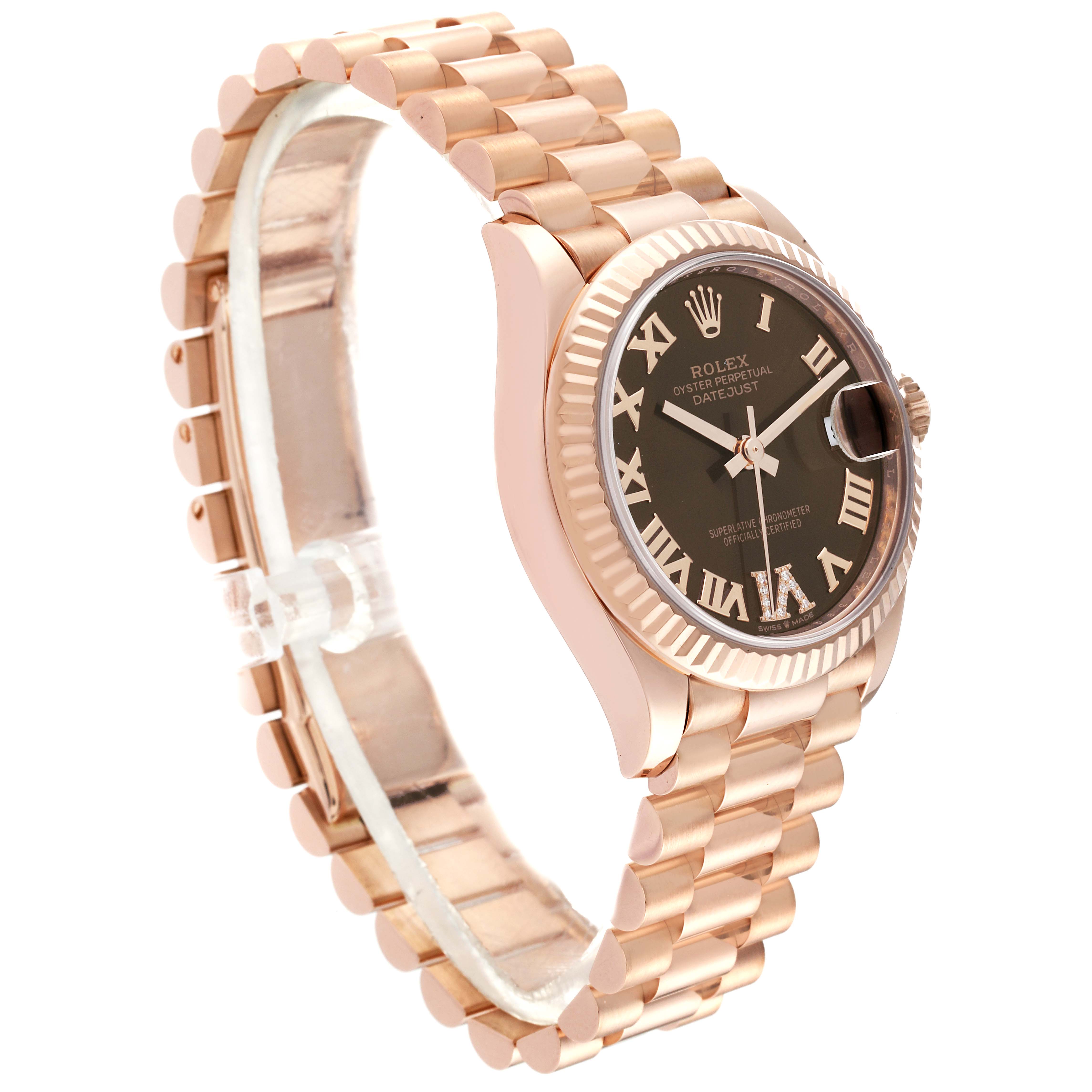 The image shows a side angle of a Rolex President 278275 Women's Rose Gold Brown Dial 278275 Women's Rose Gold Brown Dial model watch, highlighting its bracelet, case, and dial.