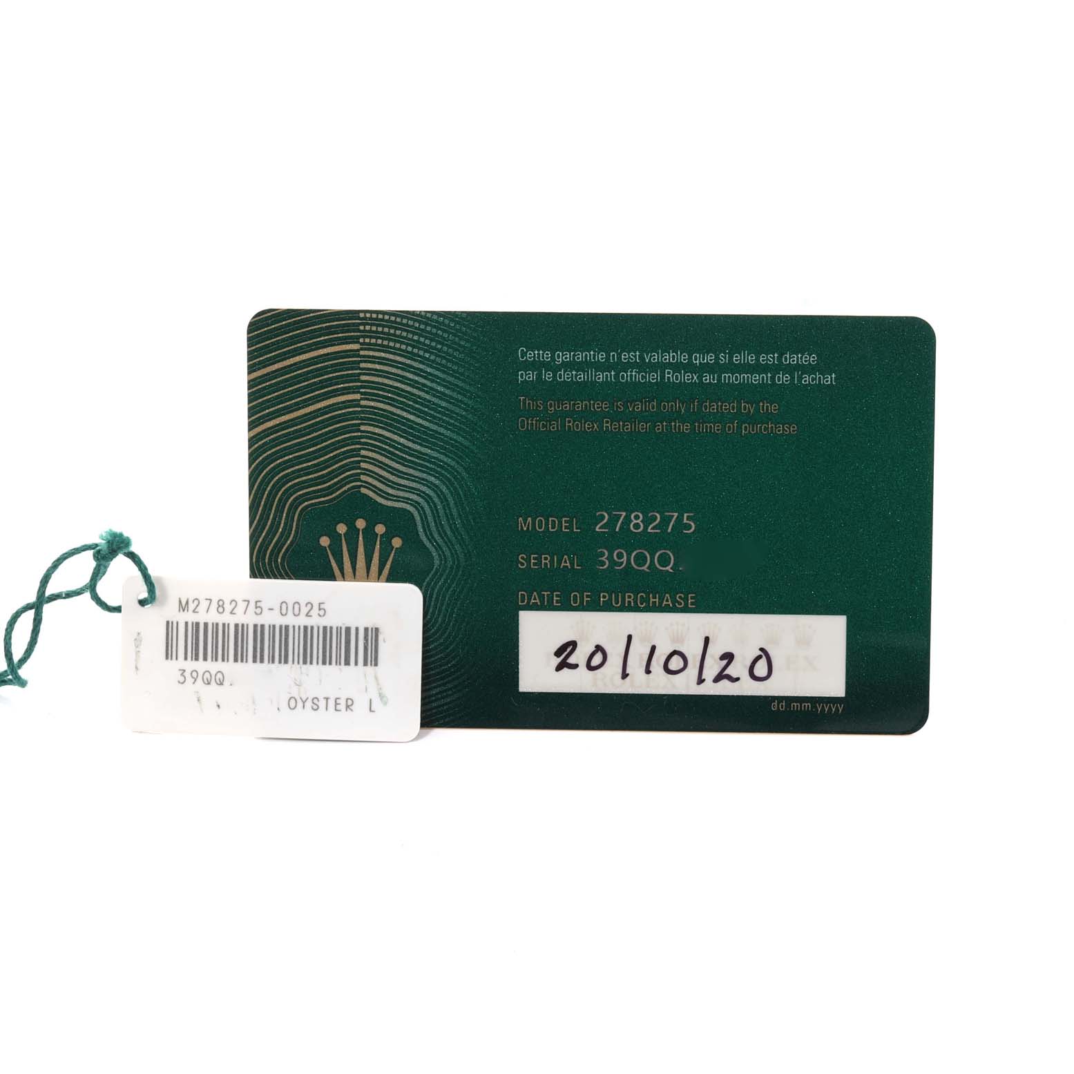 The image shows the warranty card and tag for a Rolex President 278275 Women's Rose Gold Brown Dial 278275 Women's Rose Gold Brown Dial model, indicating the model and serial number.