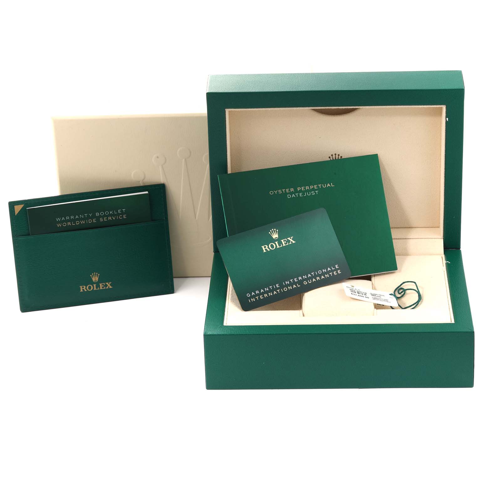 The image shows the packaging, warranty booklet, and international guarantee of a Rolex President 278275 Women's Rose Gold Brown Dial 278275 Women's Rose Gold Brown Dial model watch.