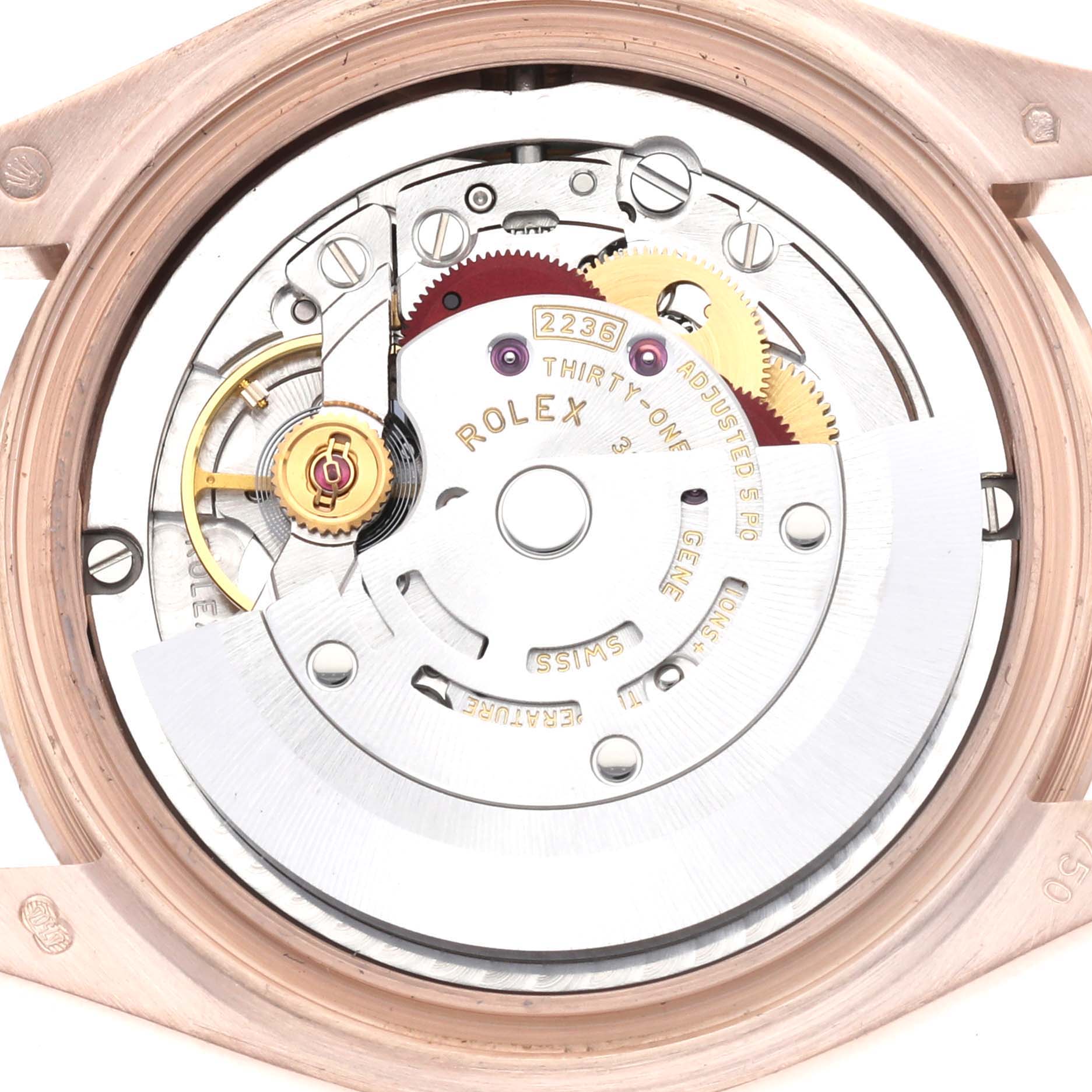 The image shows the movement mechanism of a Rolex President 278275 Women's Rose Gold Brown Dial 278275 Women's Rose Gold Brown Dial model watch from a rear view.