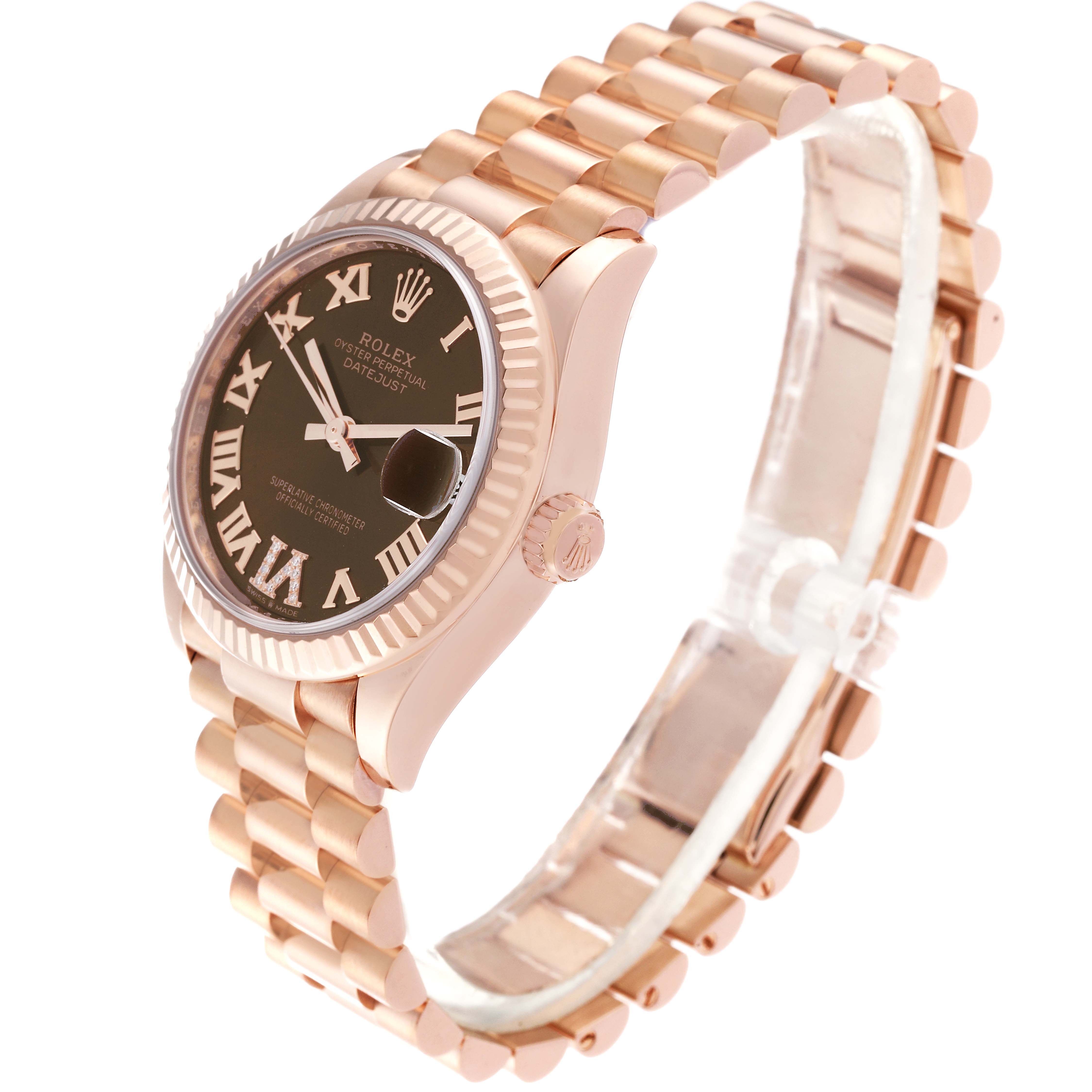 The image shows a side and front angle of the Rolex President 278275 Women's Rose Gold Brown Dial 278275 Women's Rose Gold Brown Dial model watch, highlighting its bracelet and detailed watch face.