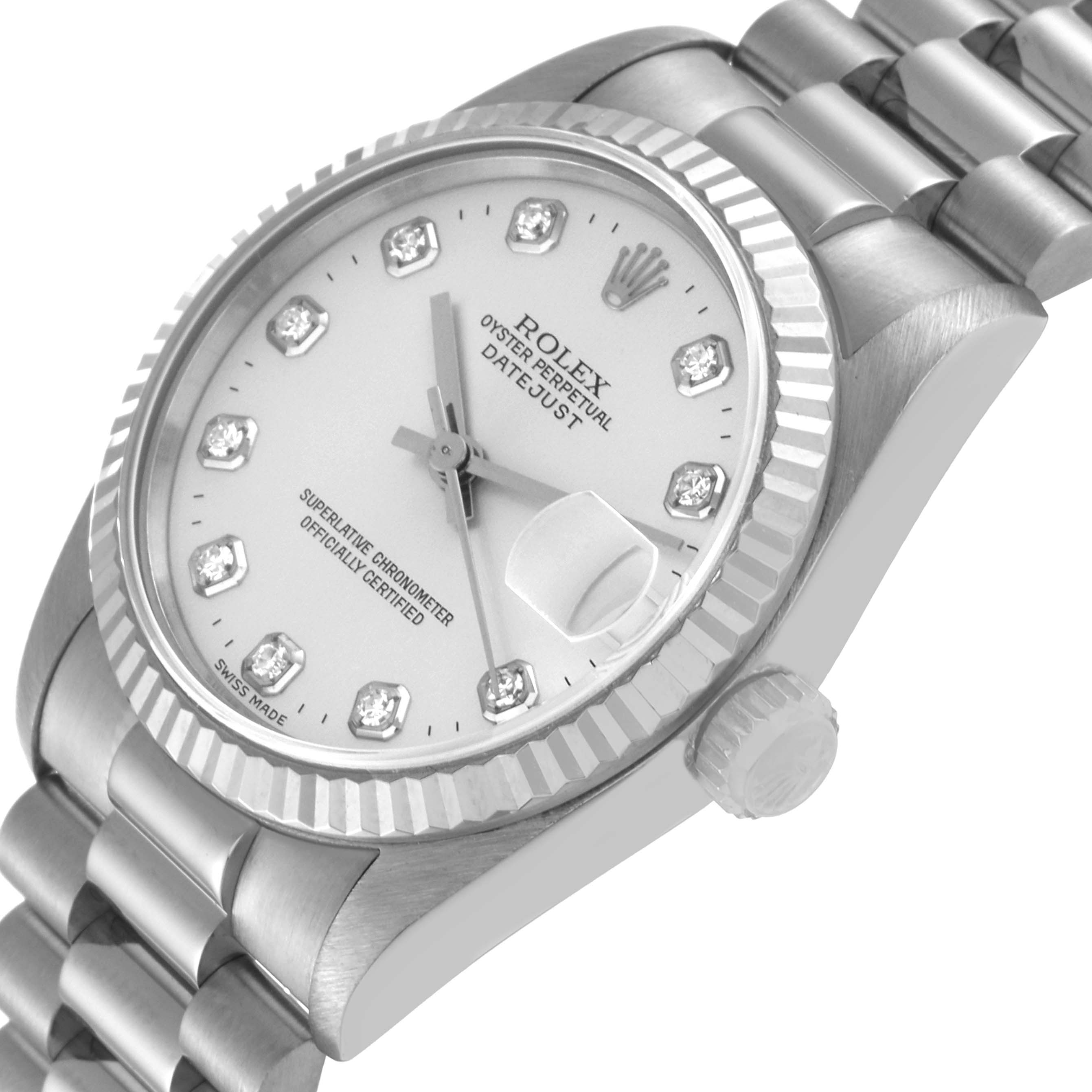 This Rolex President 68279 Women's Stainless Steel Silver Dial 68279 Women's Stainless Steel Silver Dial model watch is shown at an angled top view, clearly displaying the face, bezel, crown, and bracelet.